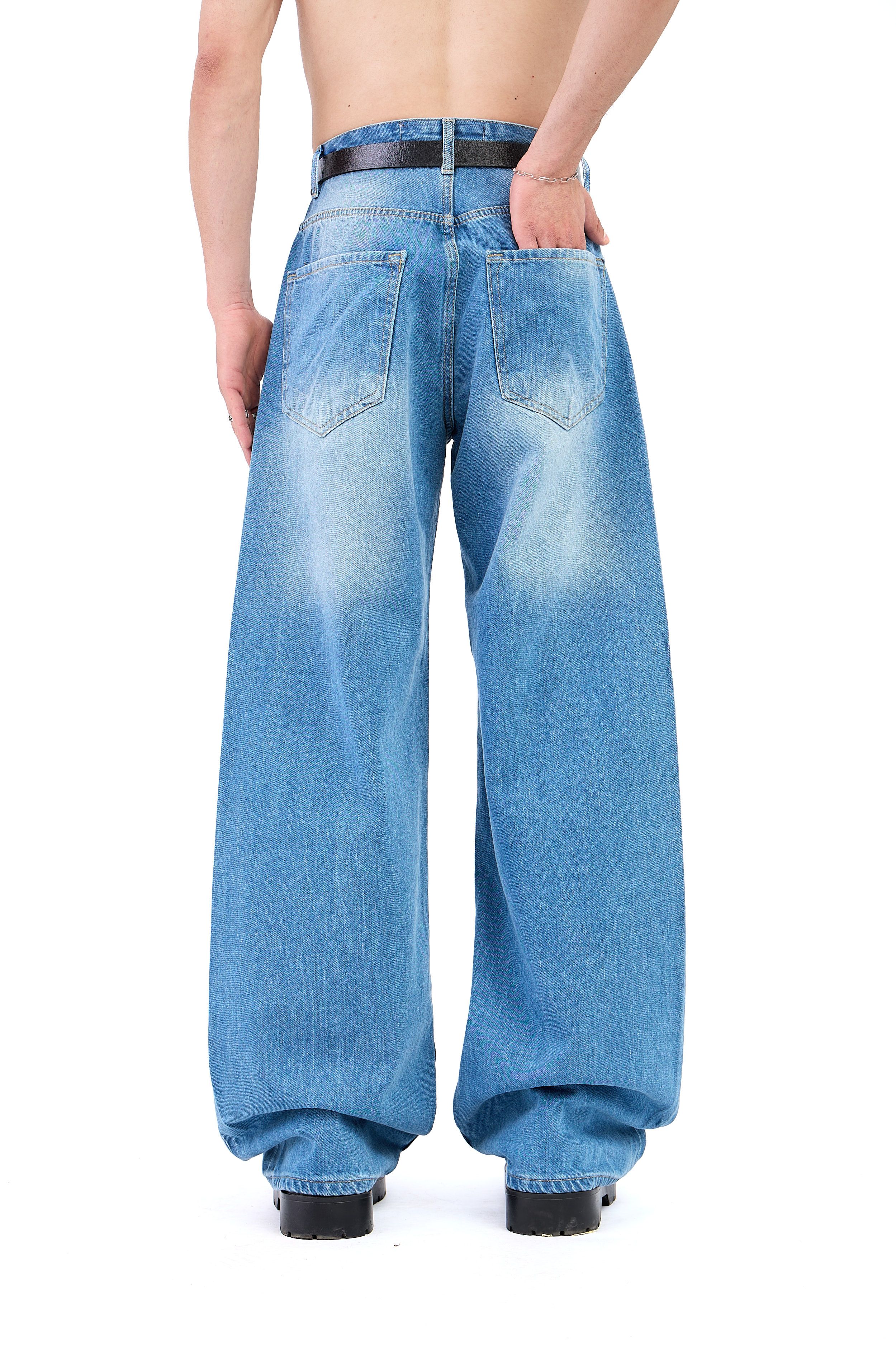 Çizgili Soldurma Detay Mavi Baggy Jean 