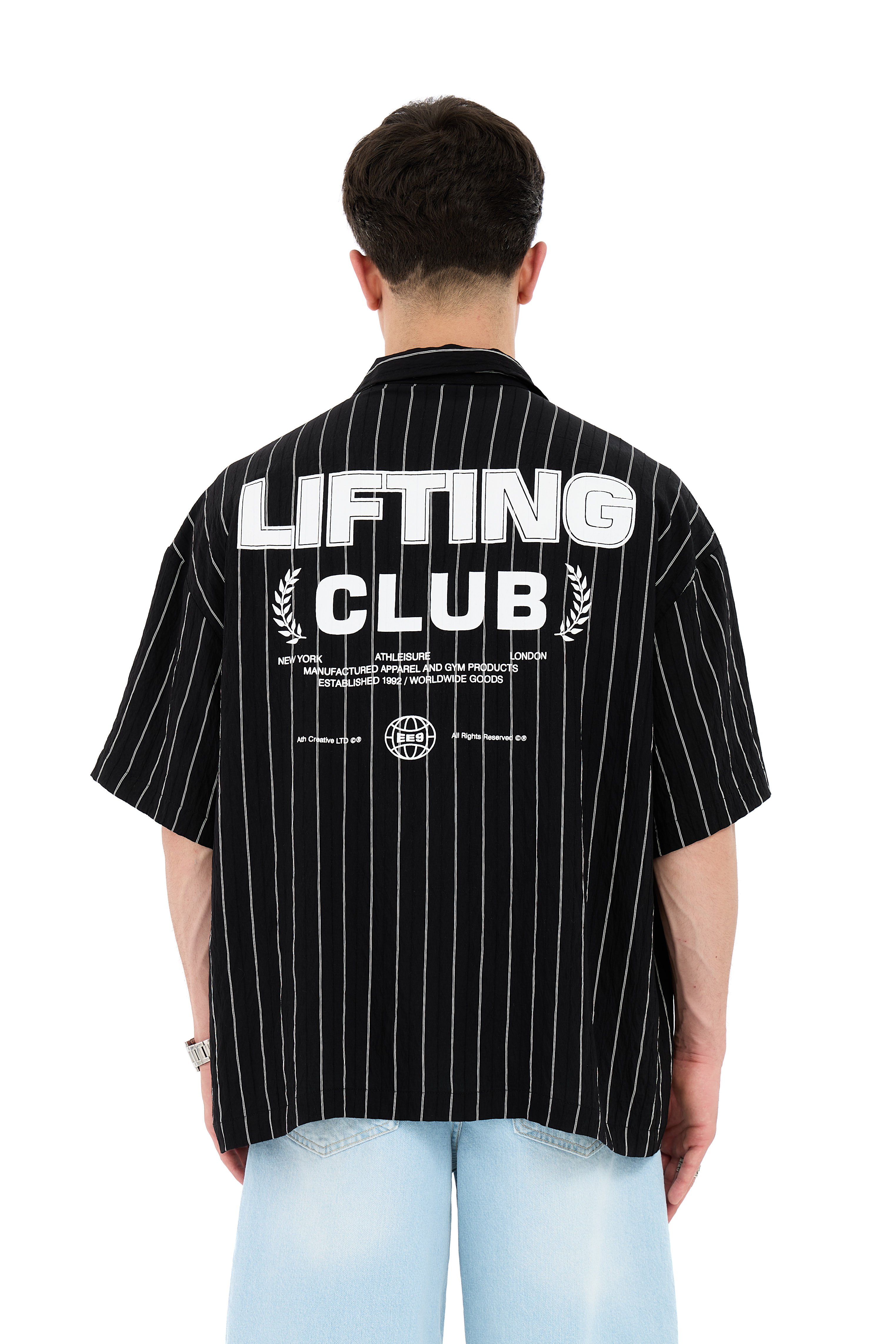 Lifting Club Baskı Detay Çizgili Kısa Kol Gömlek  - SİYAH