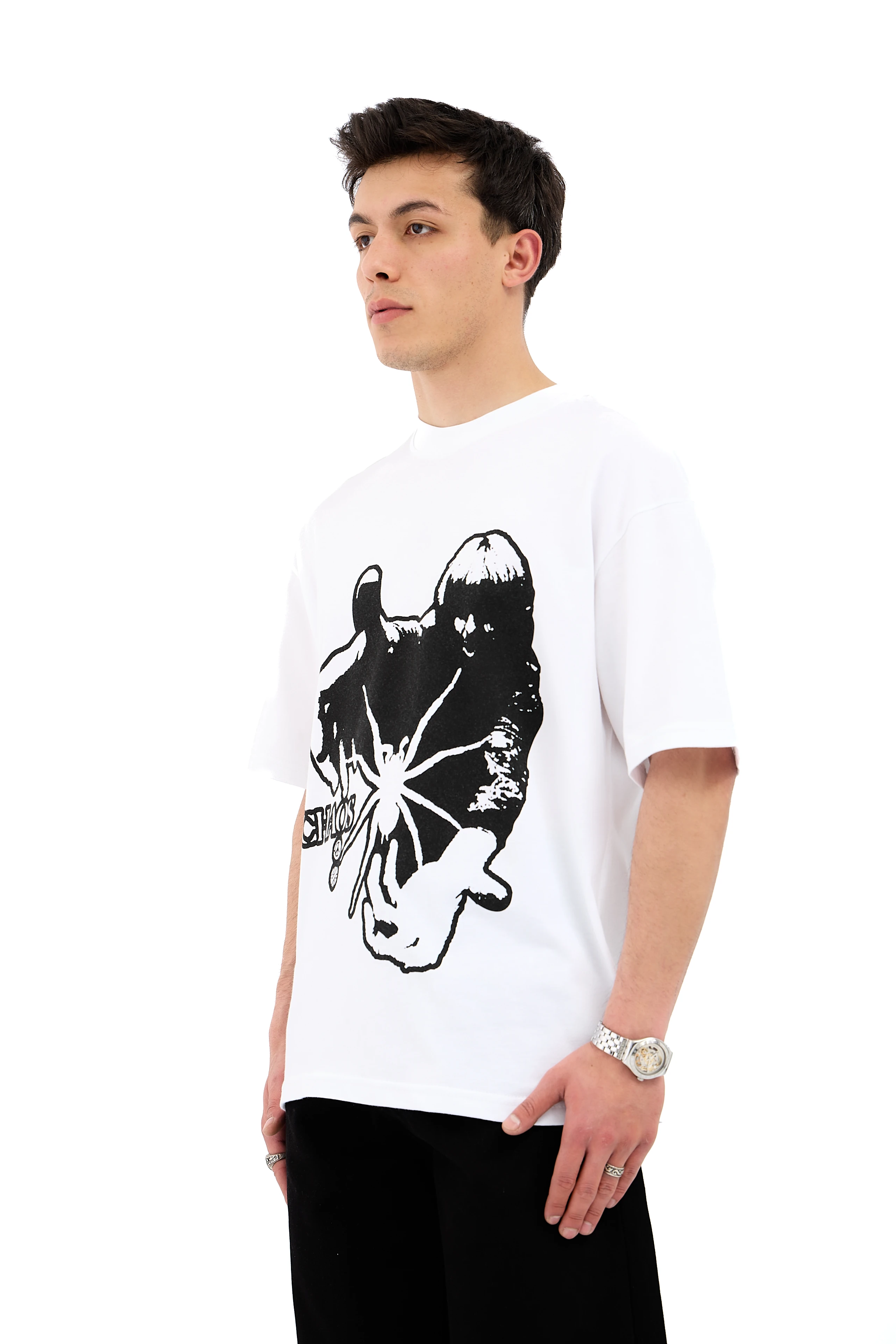 Chaos Baskı Detay Overisize Tişört - BEYAZ