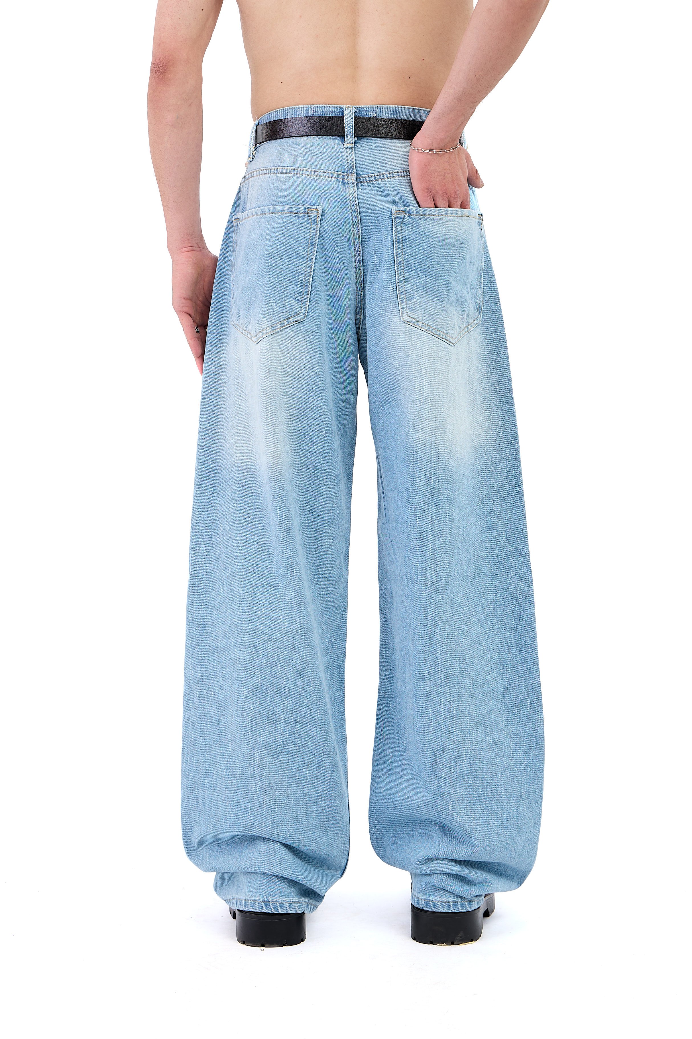 Çizgili Soldurma Detay Açık Mavi Baggy Jean