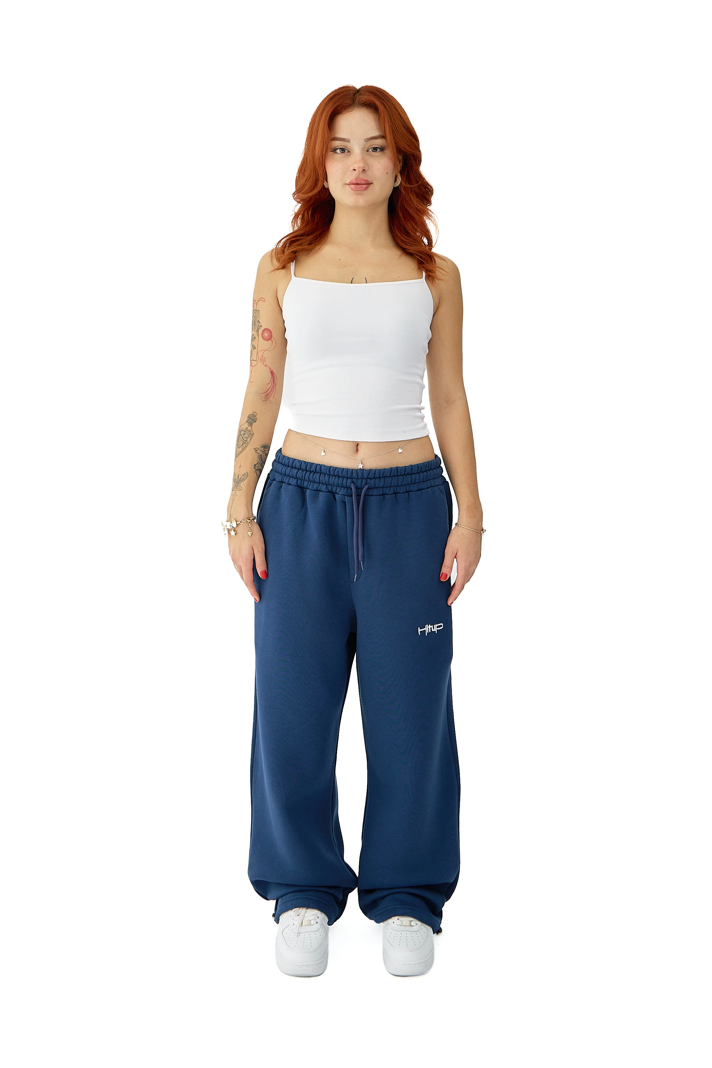 Kışlık Hitup Nakışlı Premium Ayarlanabilir Paça Oversize Eşofman Altı - İNDİGO