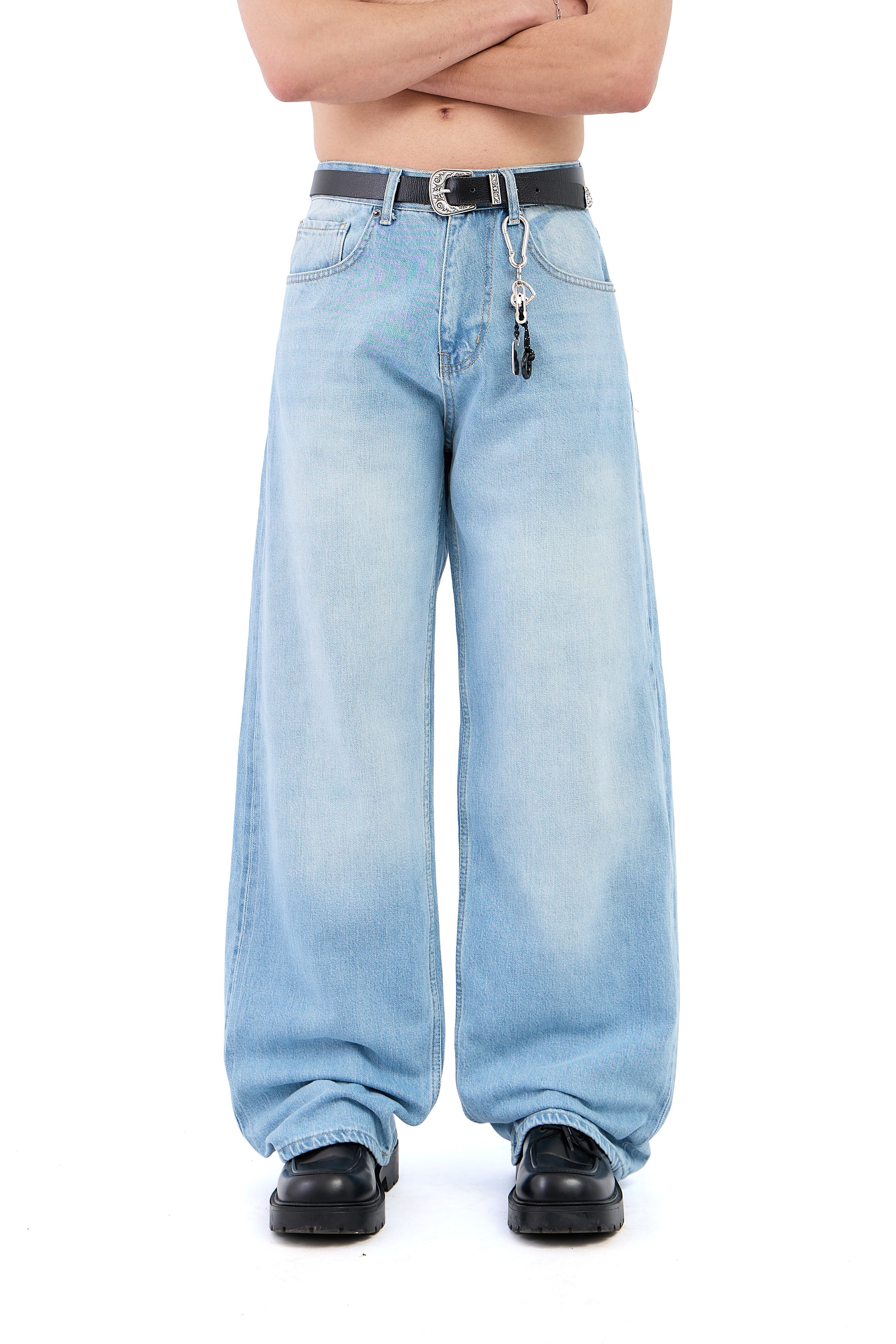 Çizgili Soldurma Detay Açık Mavi Baggy Jean
