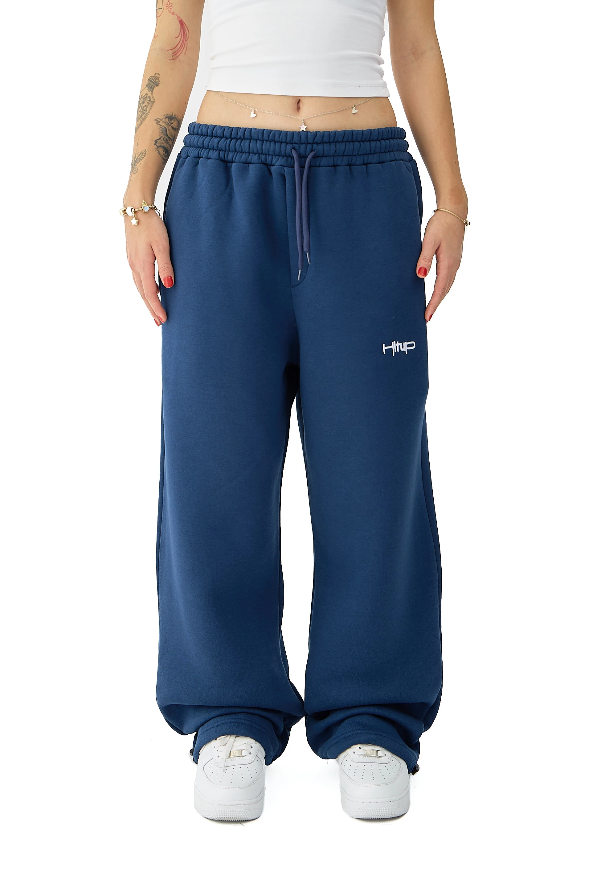 Kışlık Hitup Nakışlı Premium Ayarlanabilir Paça Oversize Eşofman Altı - İNDİGO