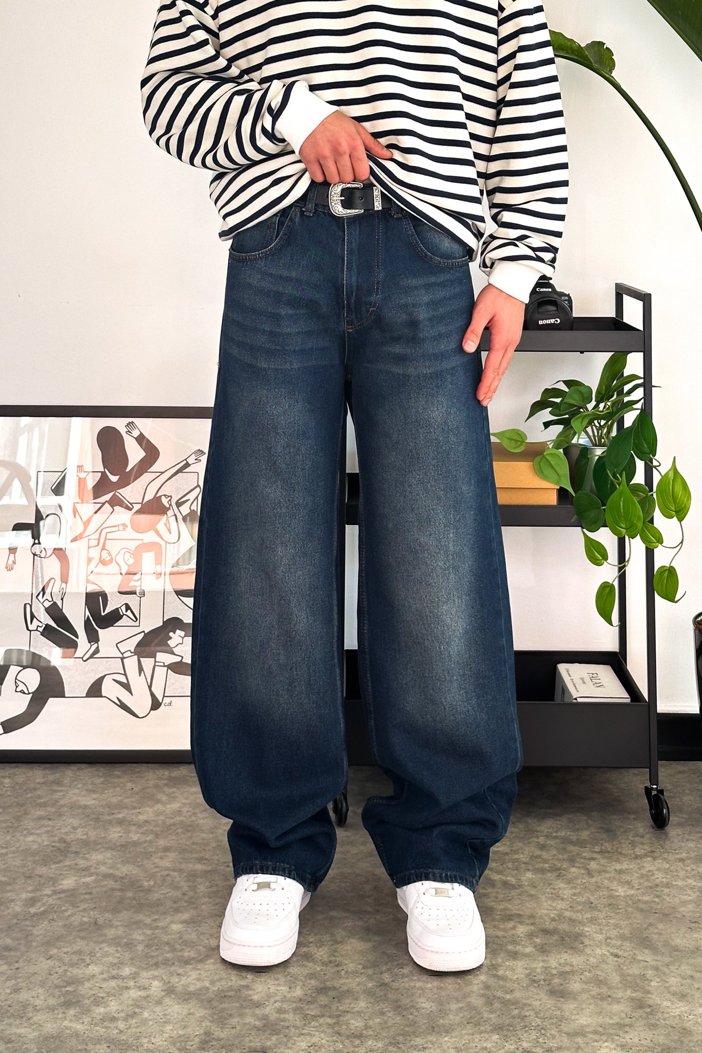 Çizgili Lacivert Baggy Jean