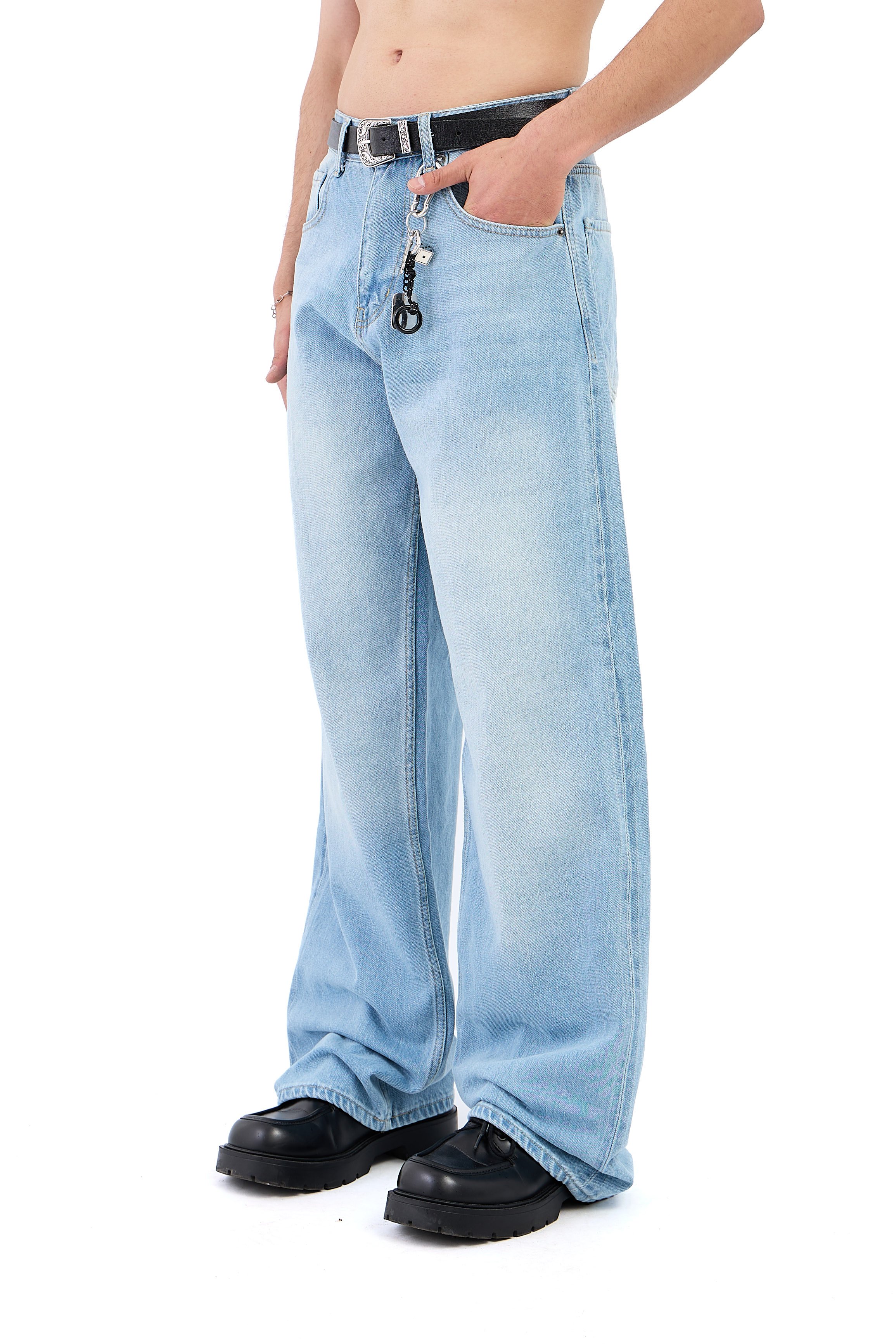 Çizgili Soldurma Detay Açık Mavi Baggy Jean