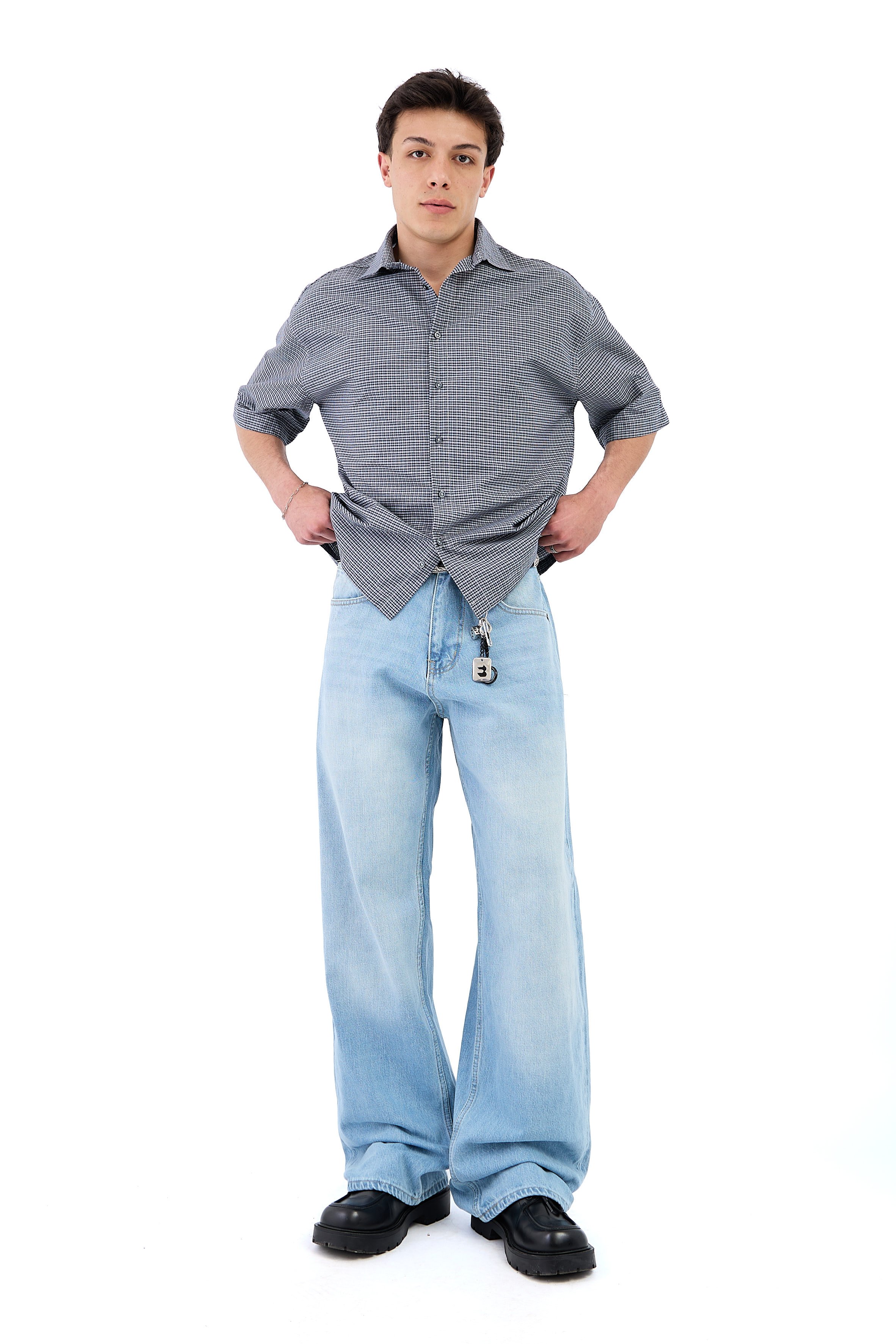 Çizgili Soldurma Detay Açık Mavi Baggy Jean