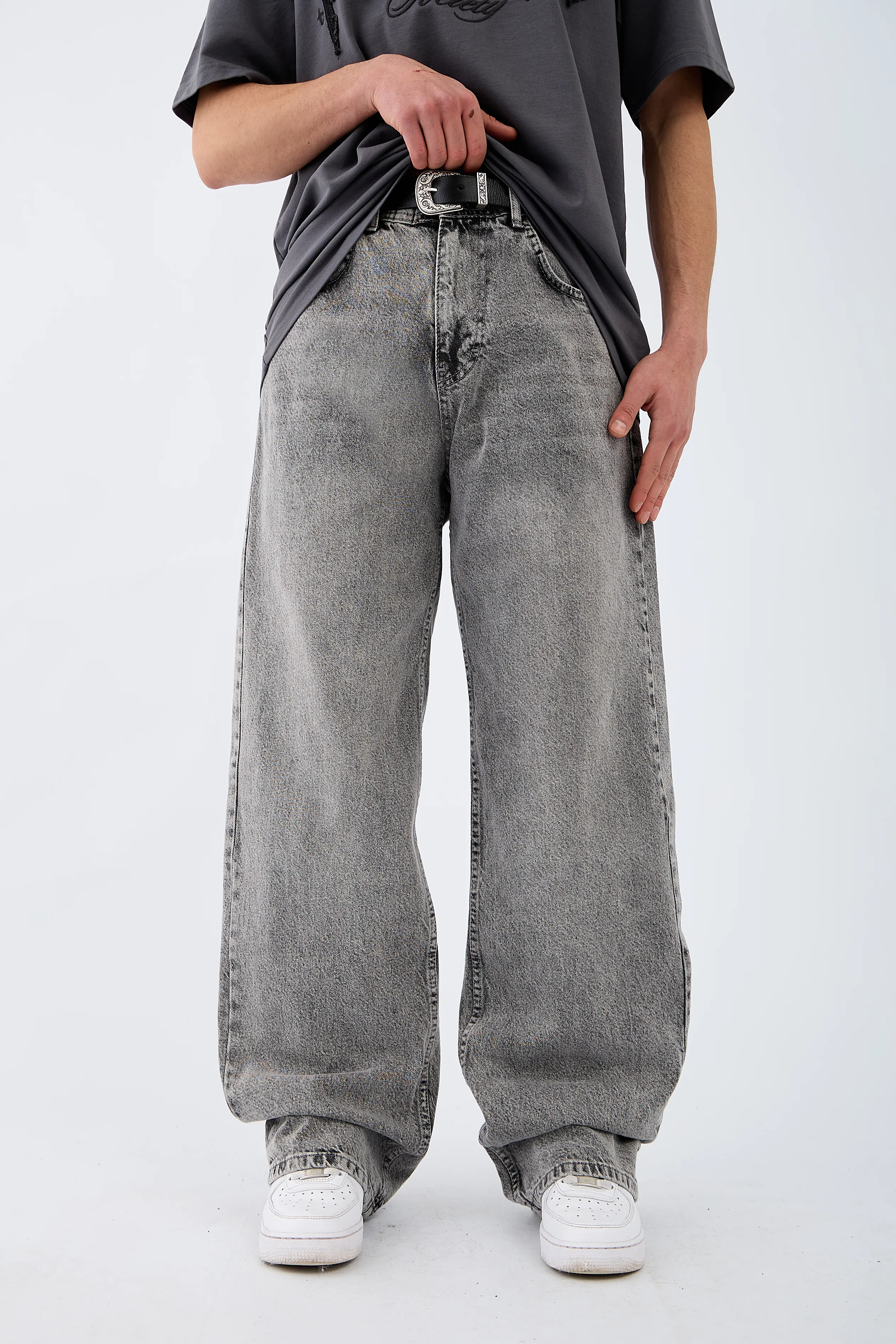 Çizgili Gri Baggy Jean