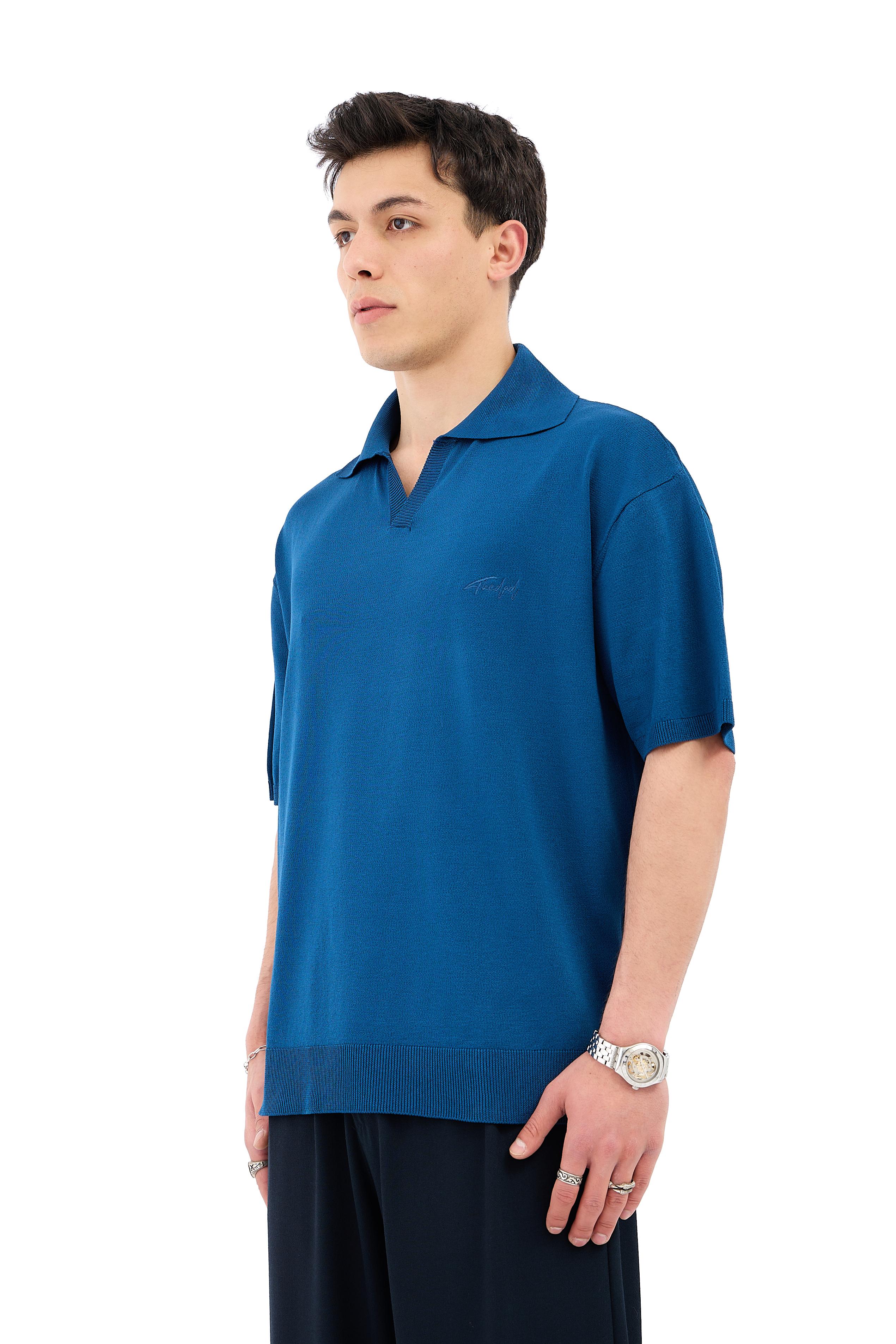Crep Kumaş Polo Yaka Oversize Triko Tişört - PETROL MAVİSİ