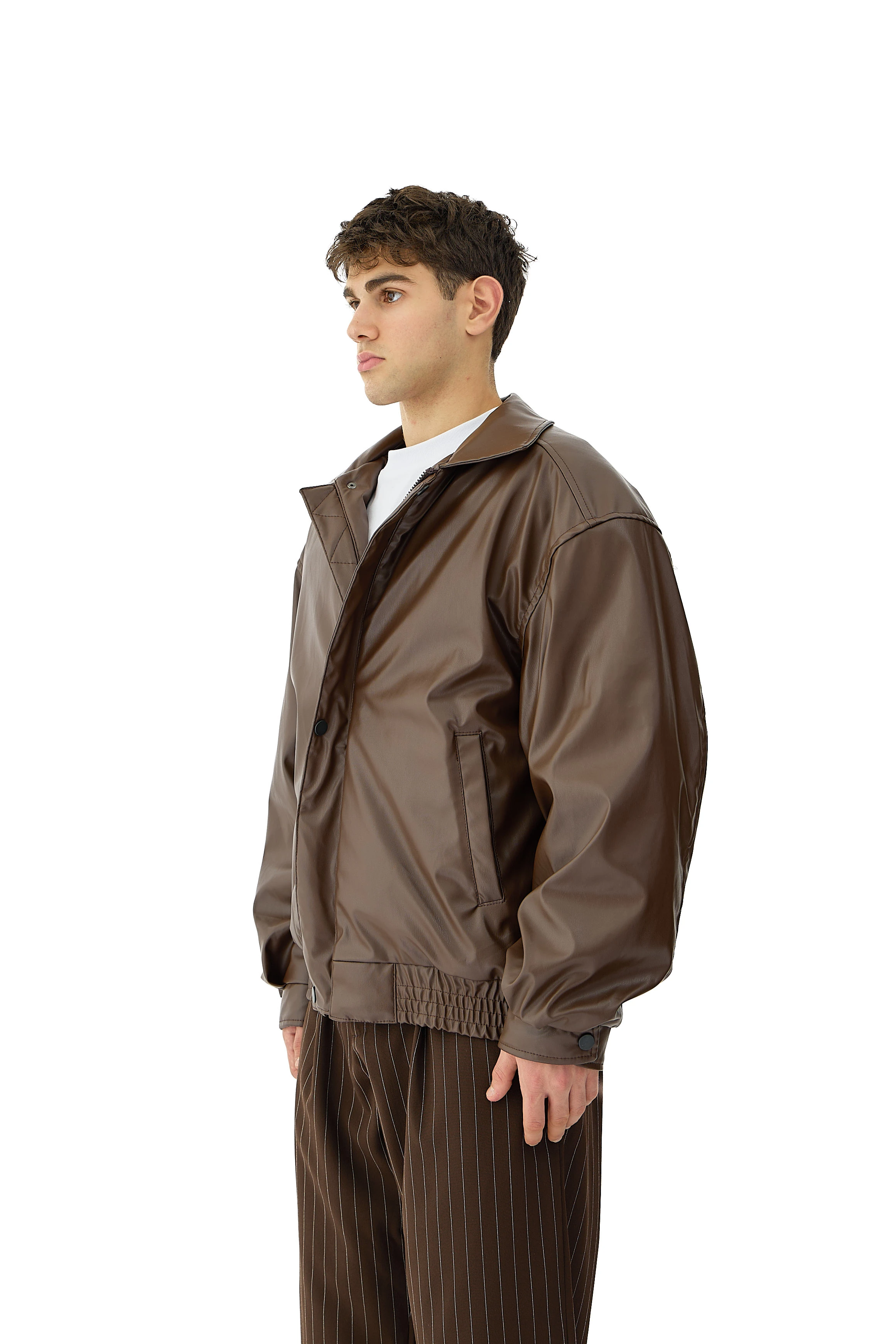 90's Oversize Bomber Deri Ceket - KAHVERENGİ