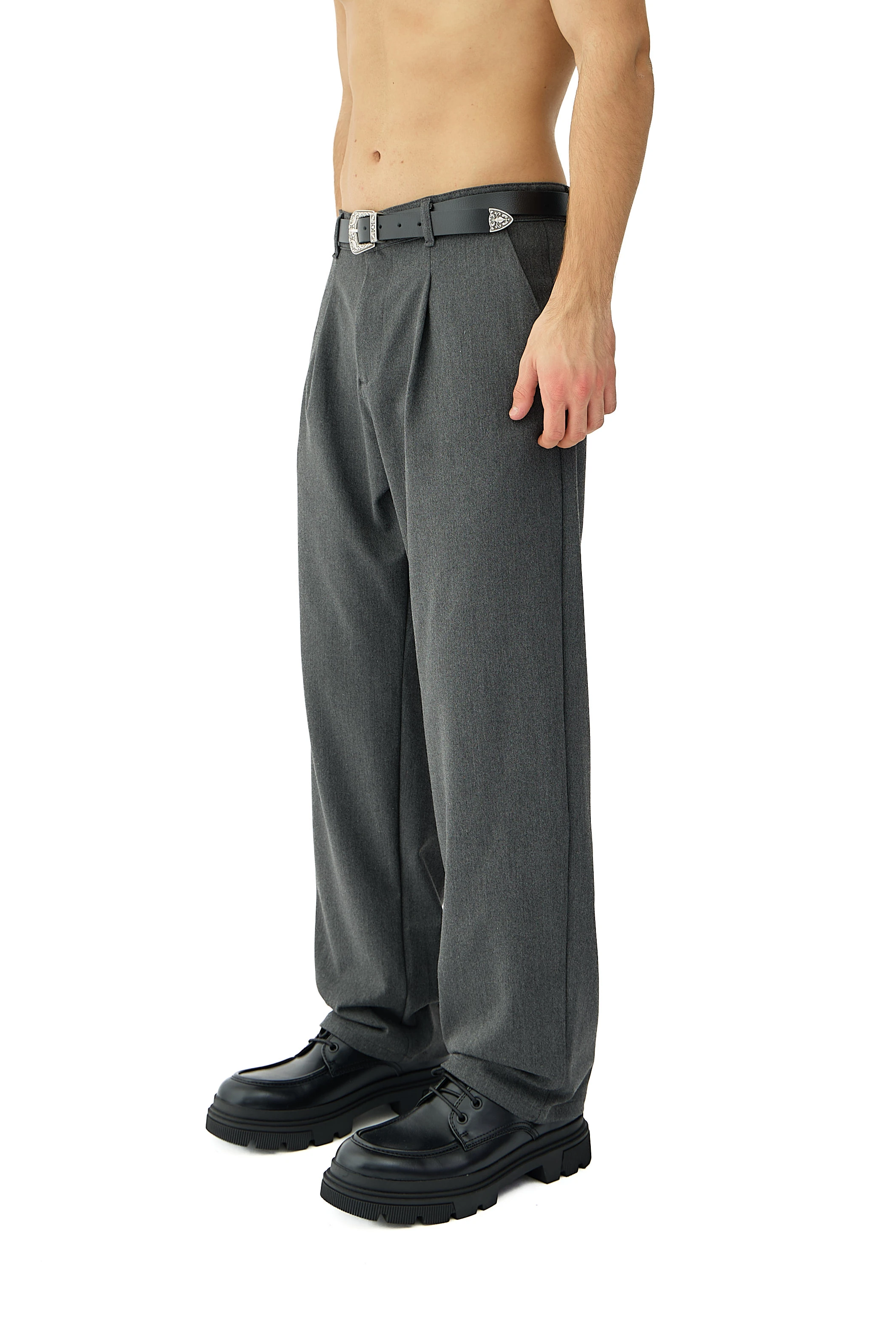 Kalın Tuşeli Pile Detaylı Baggy Fit Kumaş Pantolon  - ANTRASİT