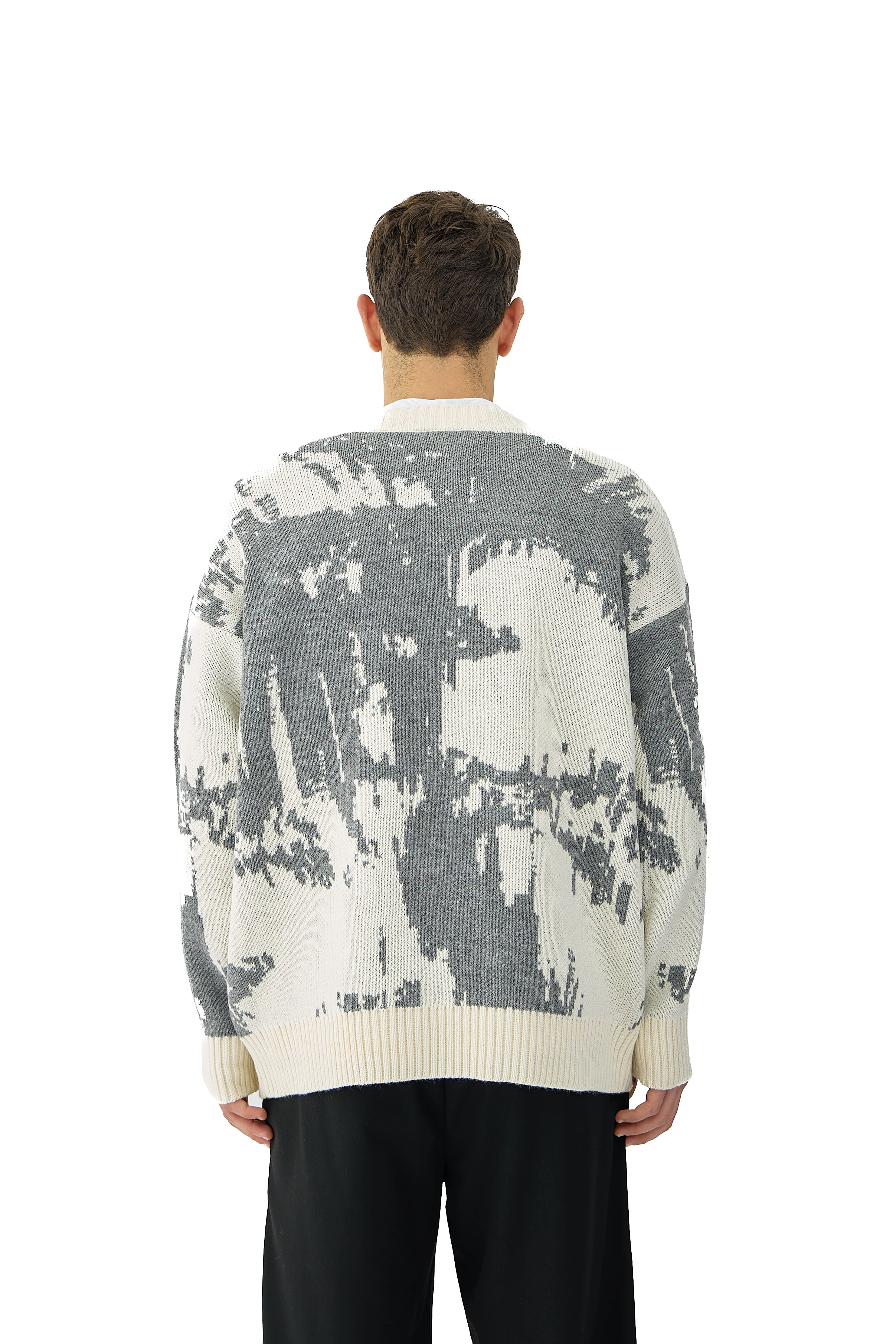 Glitch Nakış Detay Premium Oversize Triko Kazak - EKRU