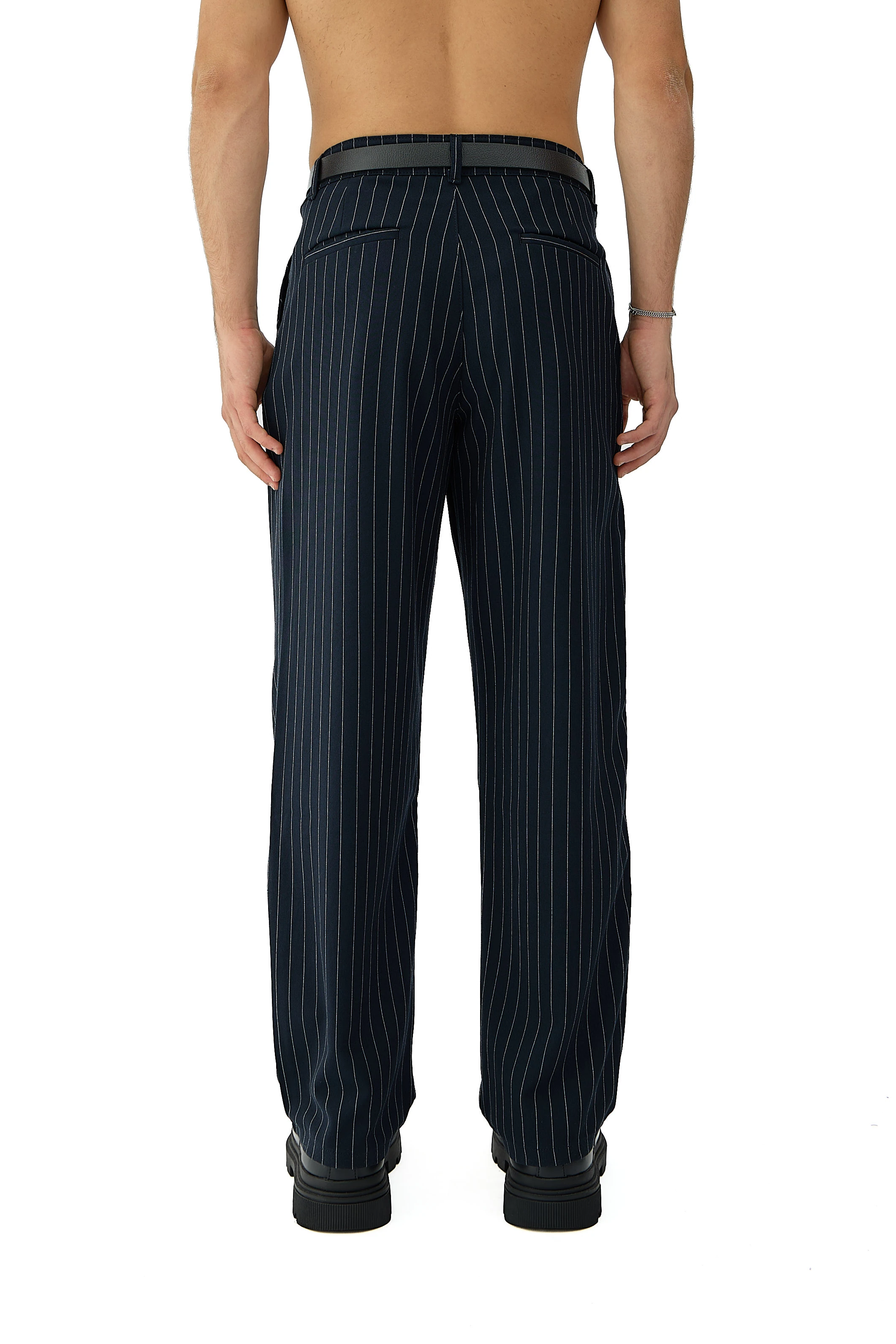 Kalın Tuşeli Çizgili Detay Baggy Fit Kumaş Pantolon - LACİVERT