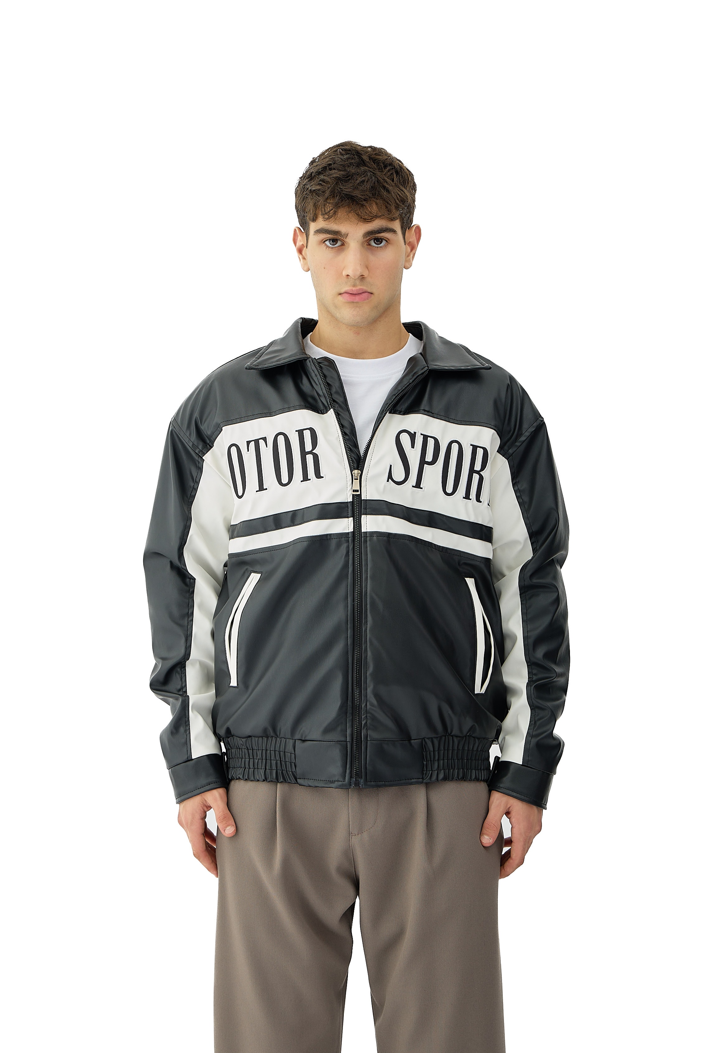 Motor Spor Nakış Detaylı Bomber Deri Ceket  - SİYAH