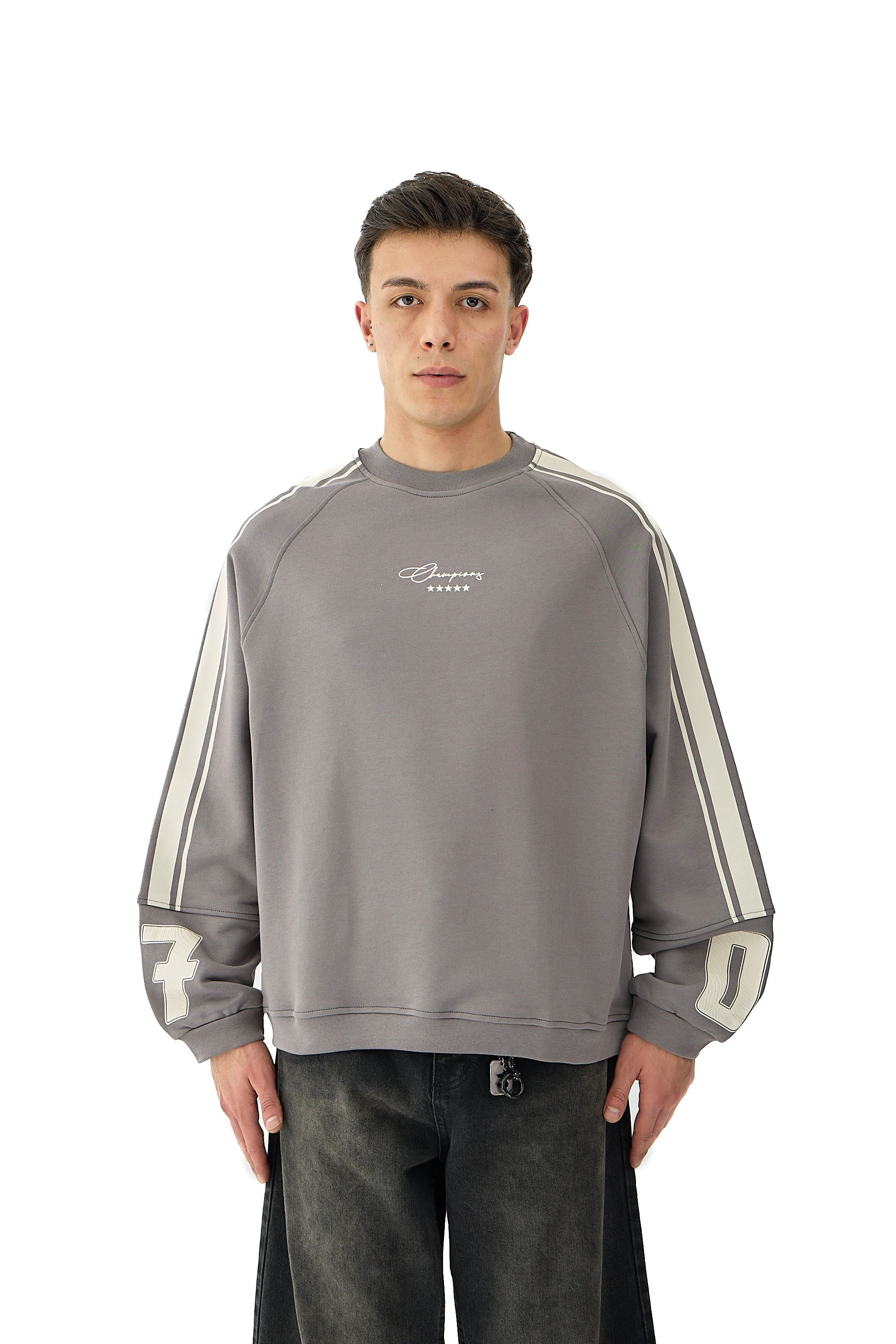 07 Champions Baskılı Oversize Pemium Sweatshirt - FÜME