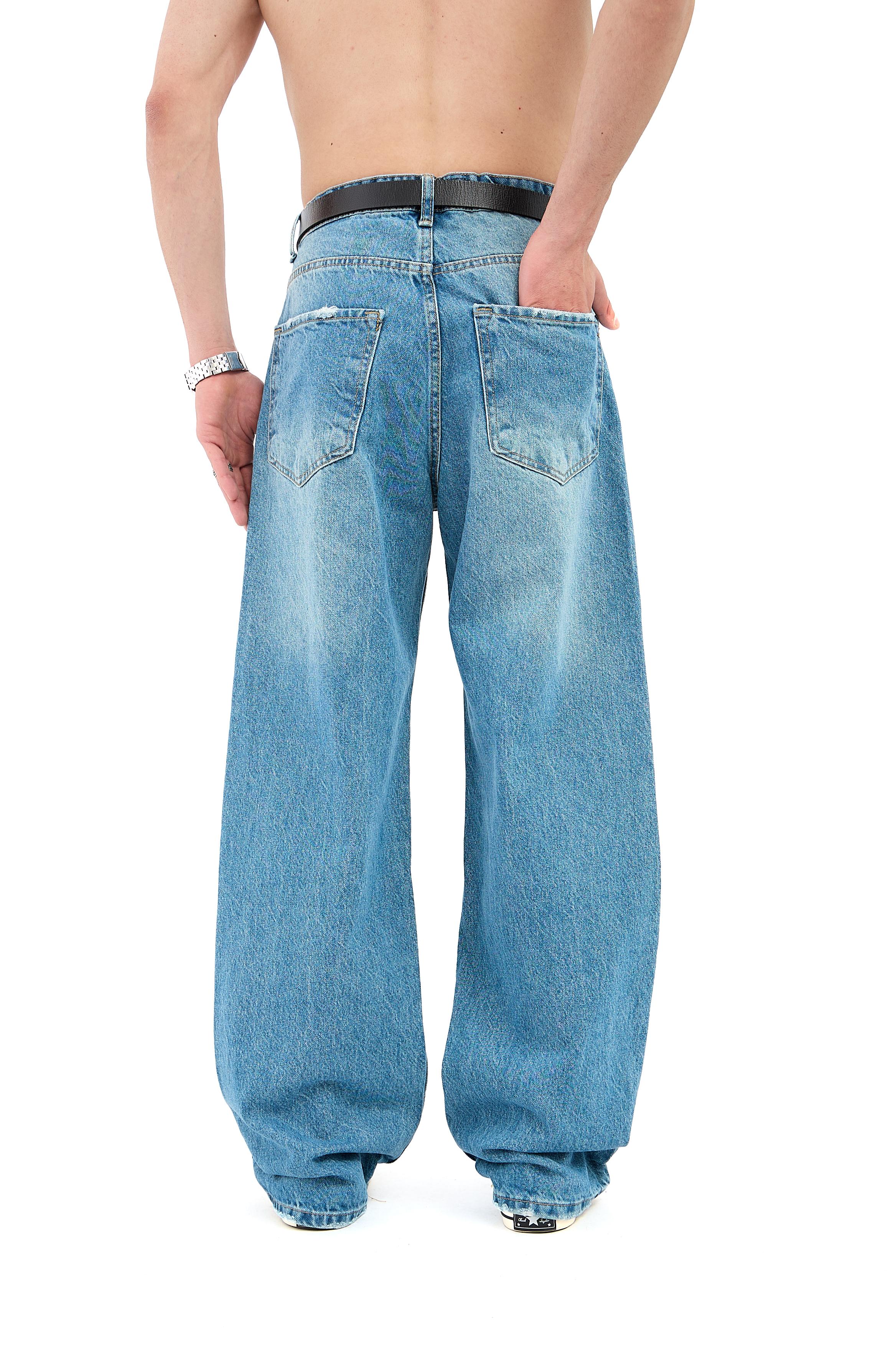 Çizgili Yıkama Detay Mavi Baggy Jean 