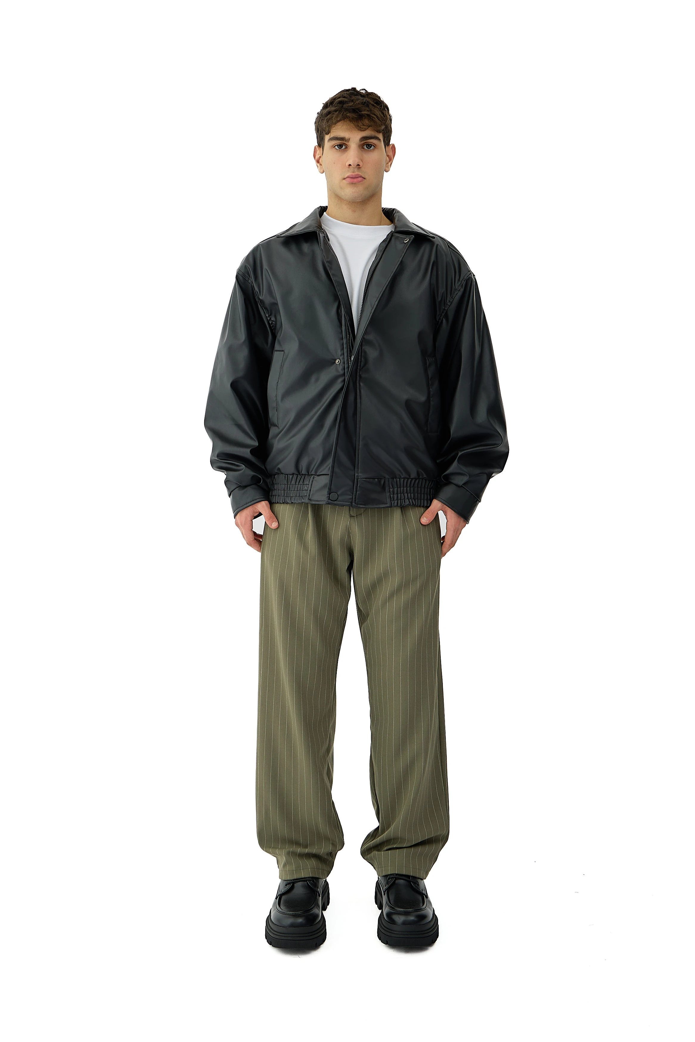 Kalın Tuşeli Çizgili Detay Baggy Fit Kumaş Pantolon - YEŞİL