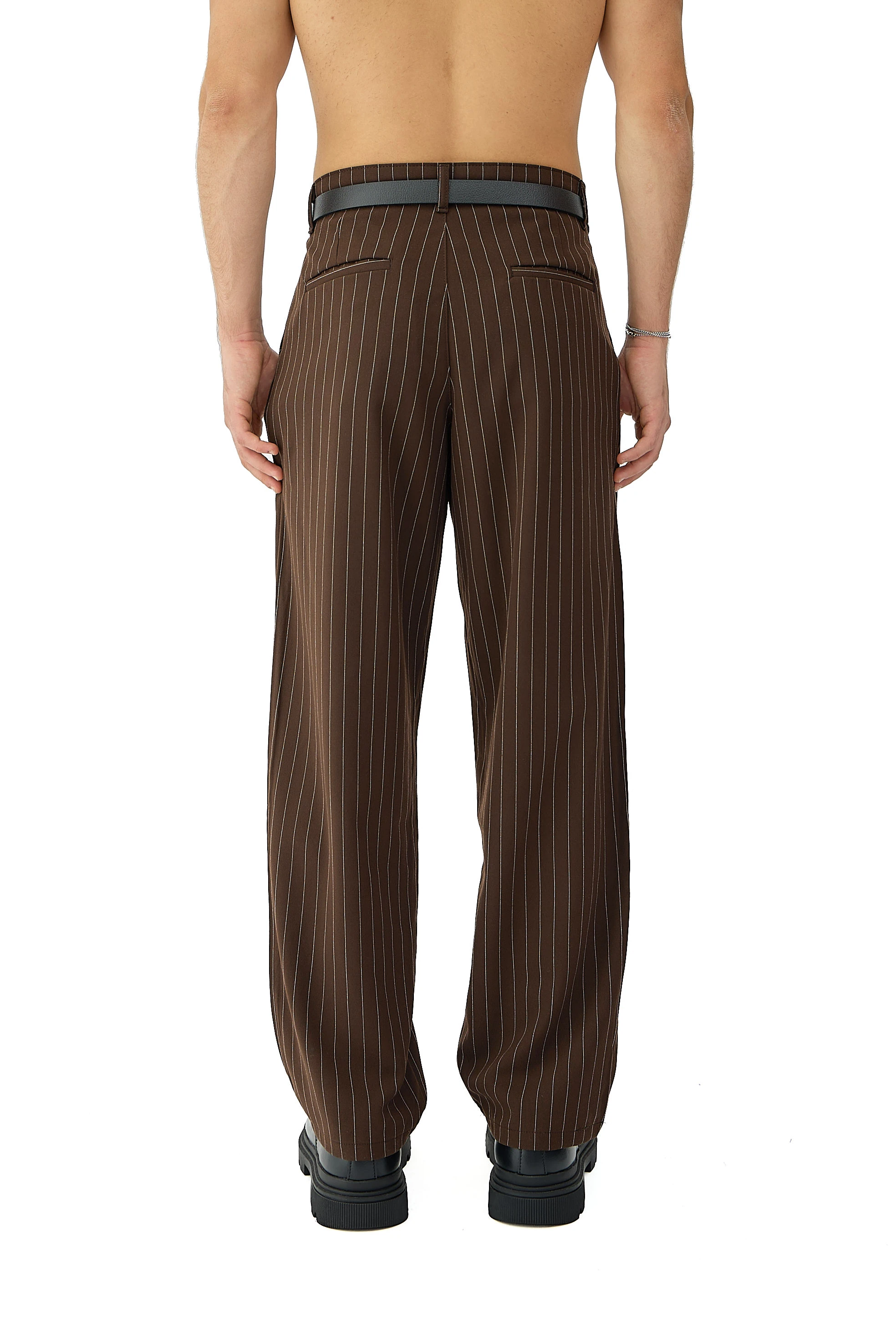 Kalın Tuşeli Çizgili Detay Baggy Fit Kumaş Pantolon - KAHVERENGİ