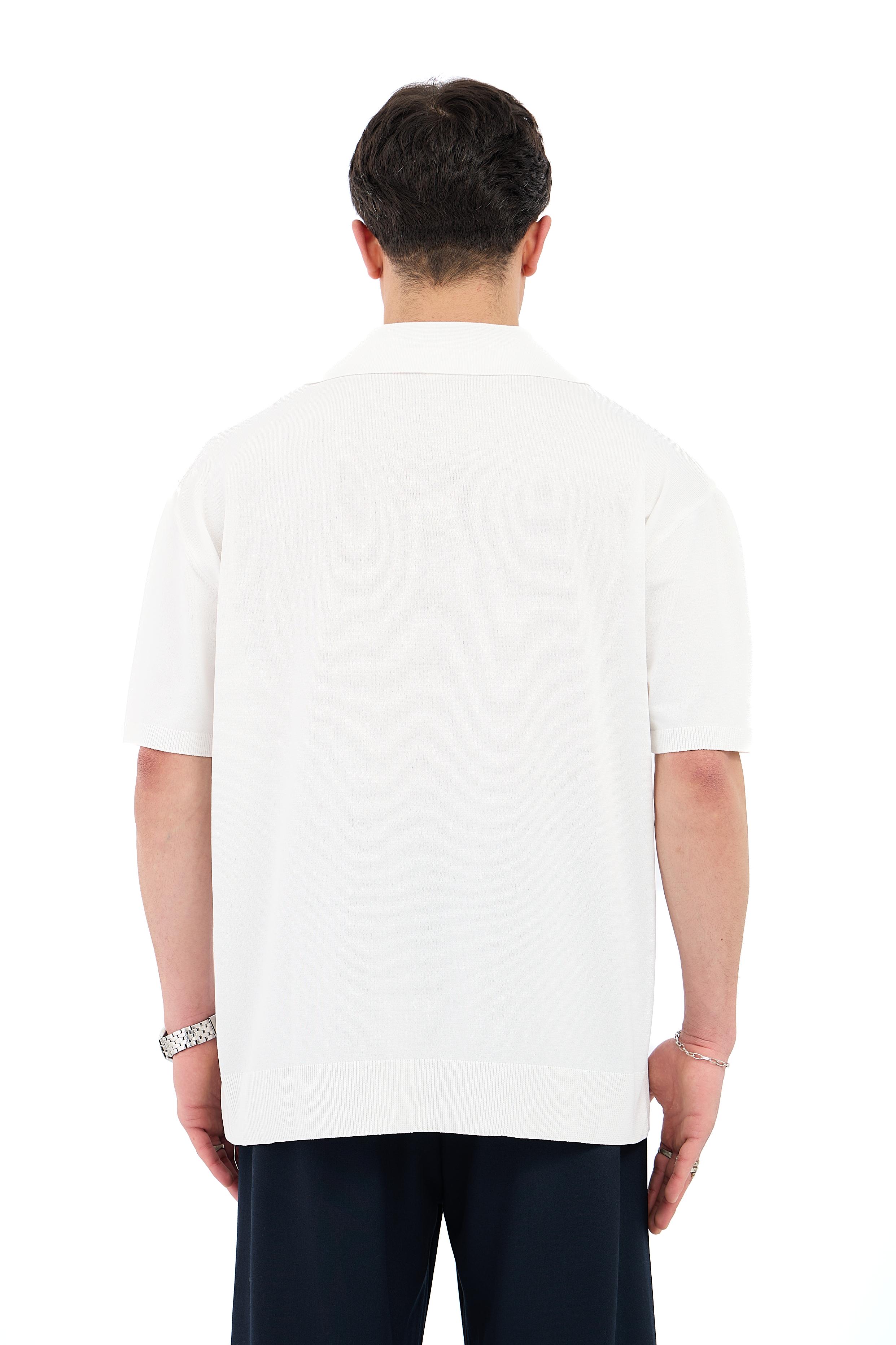 Crep Kumaş Polo Yaka Oversize Triko Tişört - BEYAZ