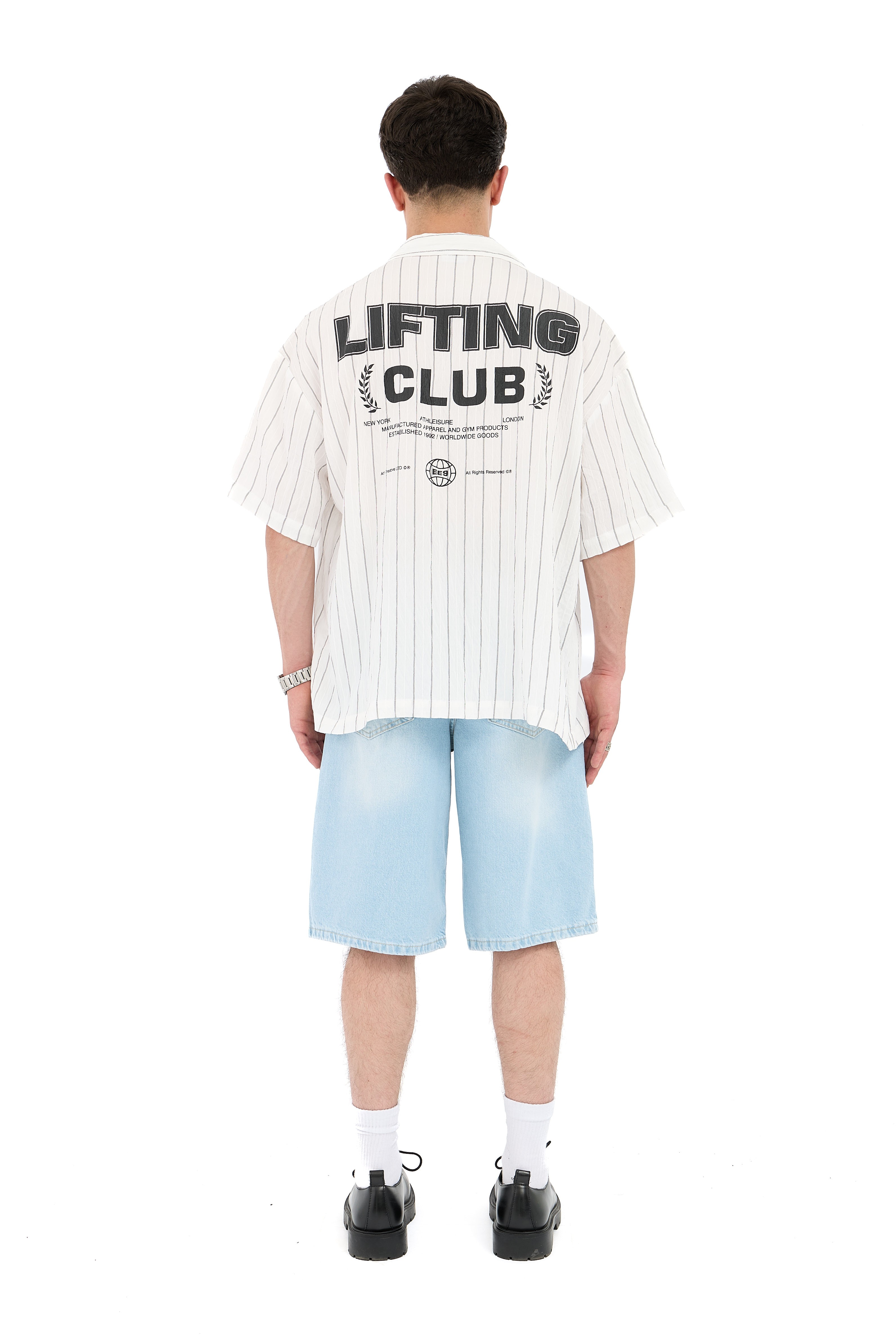 Lifting Club Baskı Detay Çizgili Kısa Kol Gömlek  - BEYAZ