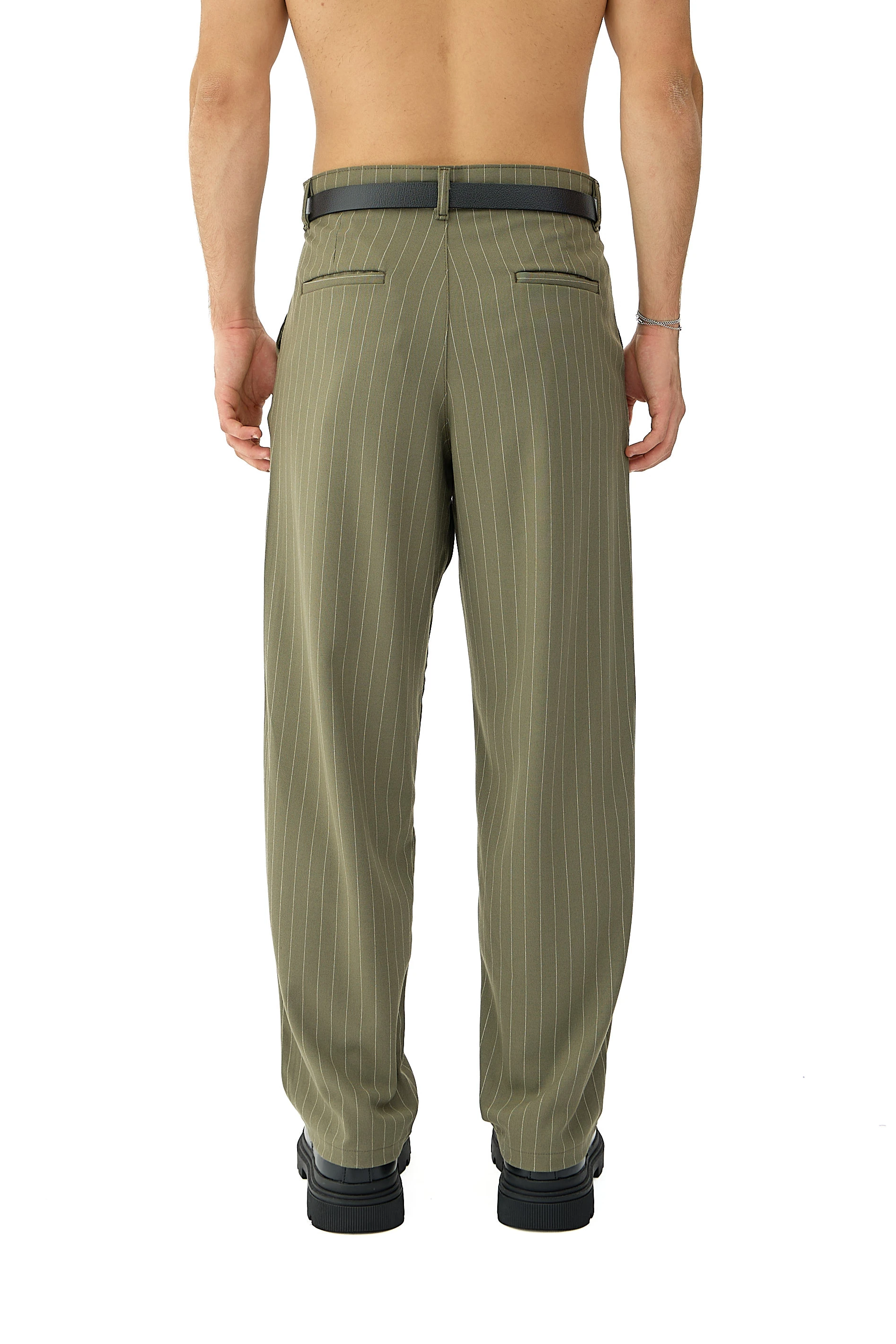 Kalın Tuşeli Çizgili Detay Baggy Fit Kumaş Pantolon - YEŞİL