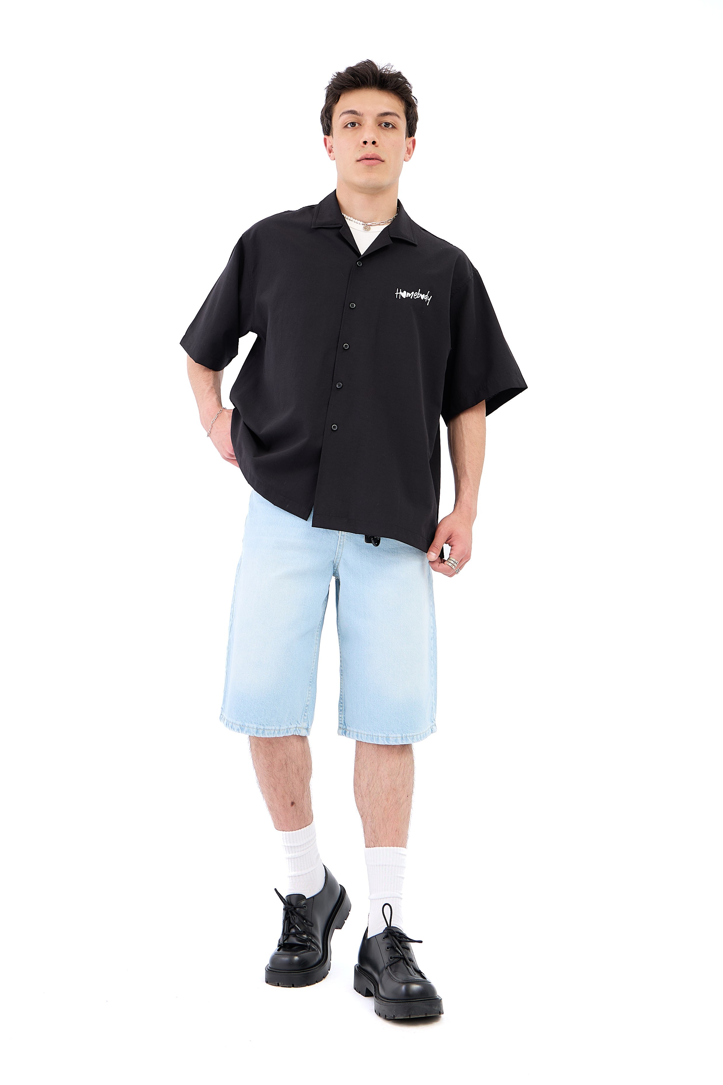 Çizgili Soldurma Efekt Baggy Jean Şhort - MAVİ