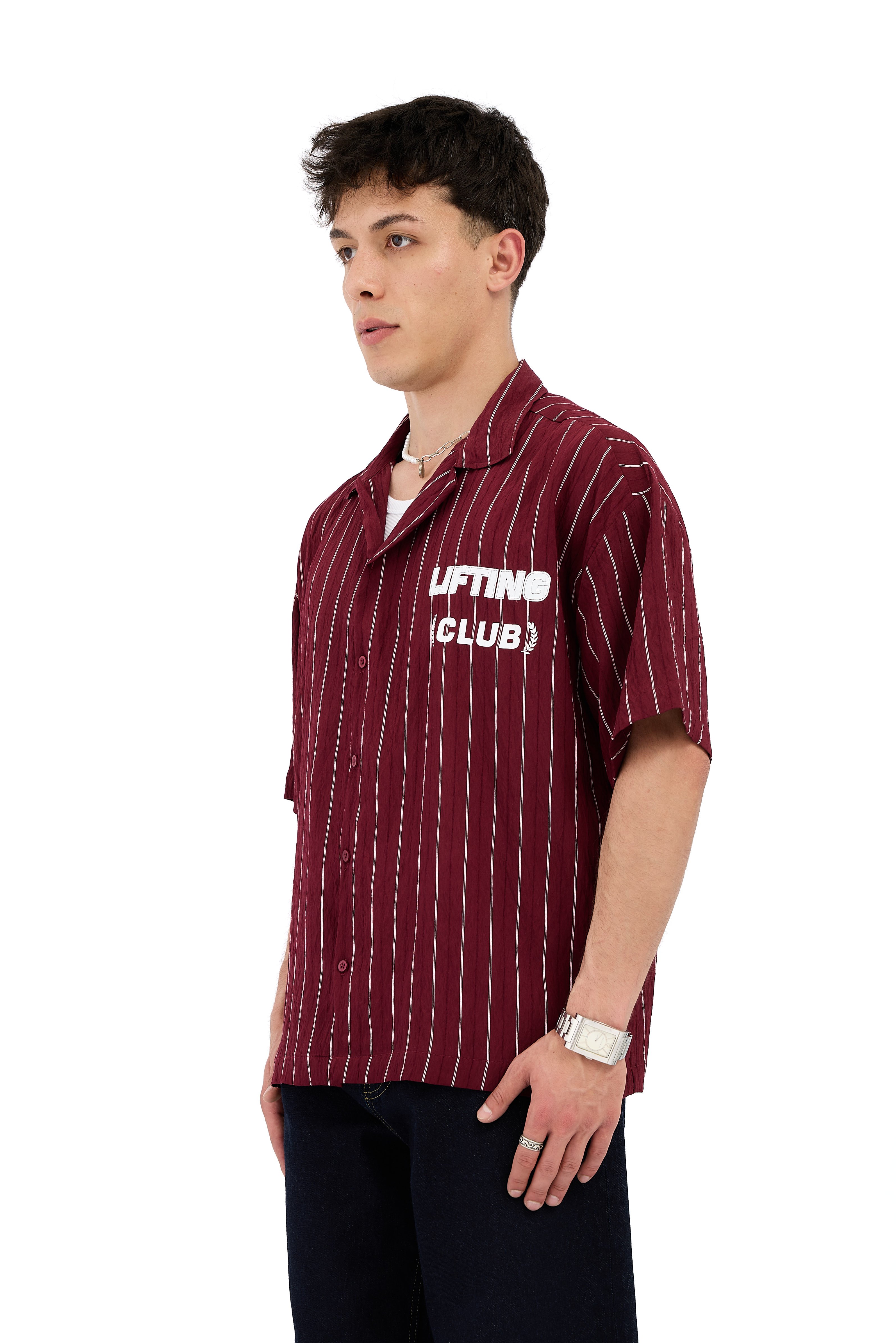 Lifting Club Baskı Detay Çizgili Kısa Kol Gömlek  - BORDO