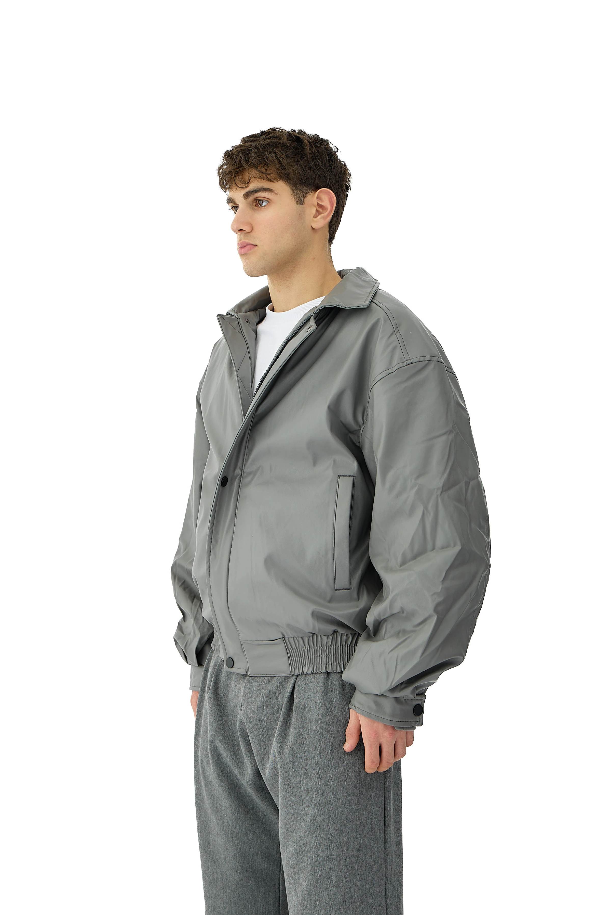 90's Oversize Bomber Deri Ceket - GRİ