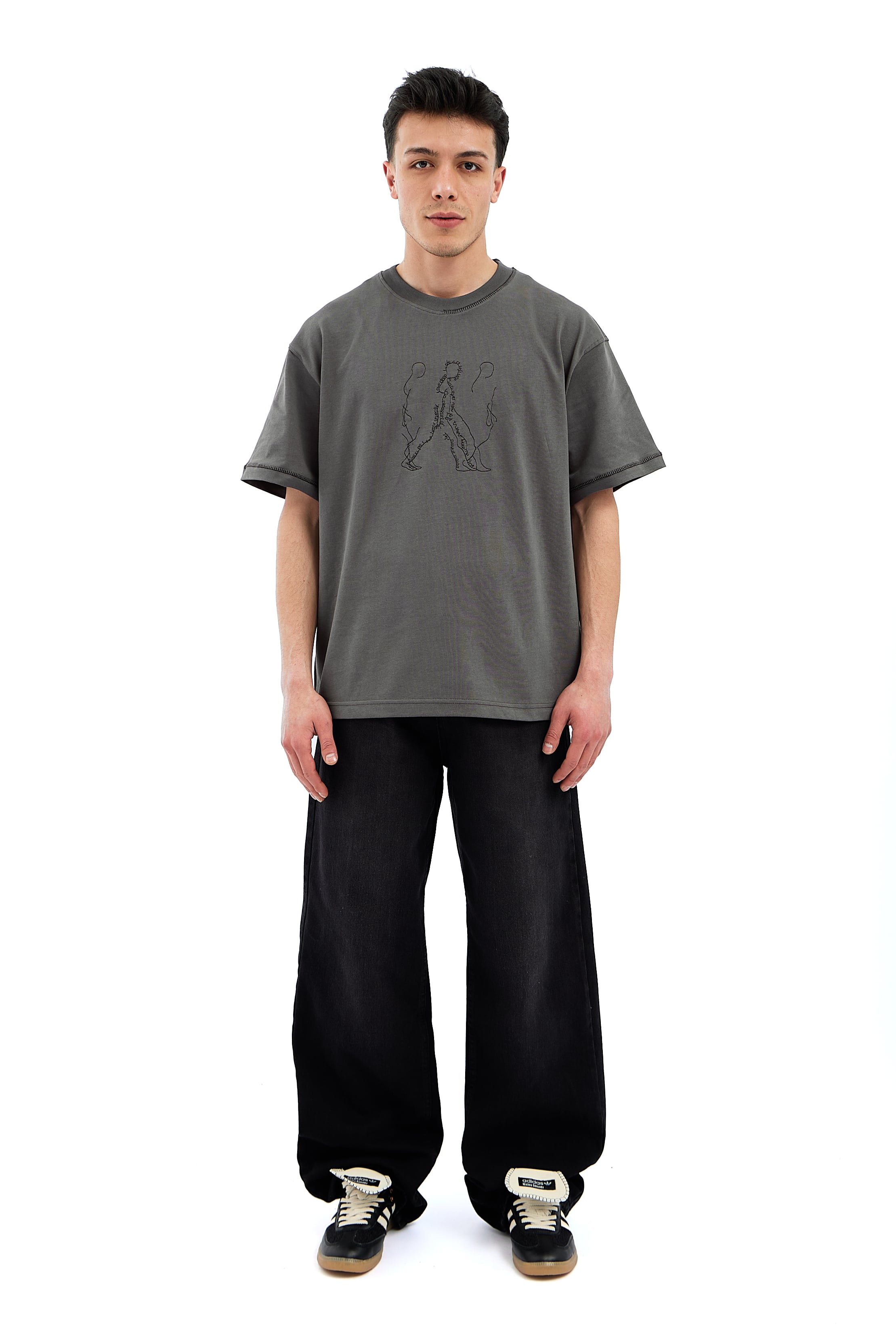 LineArt Nakışlı Premium Oversize Tişört - KAHVERENGİ