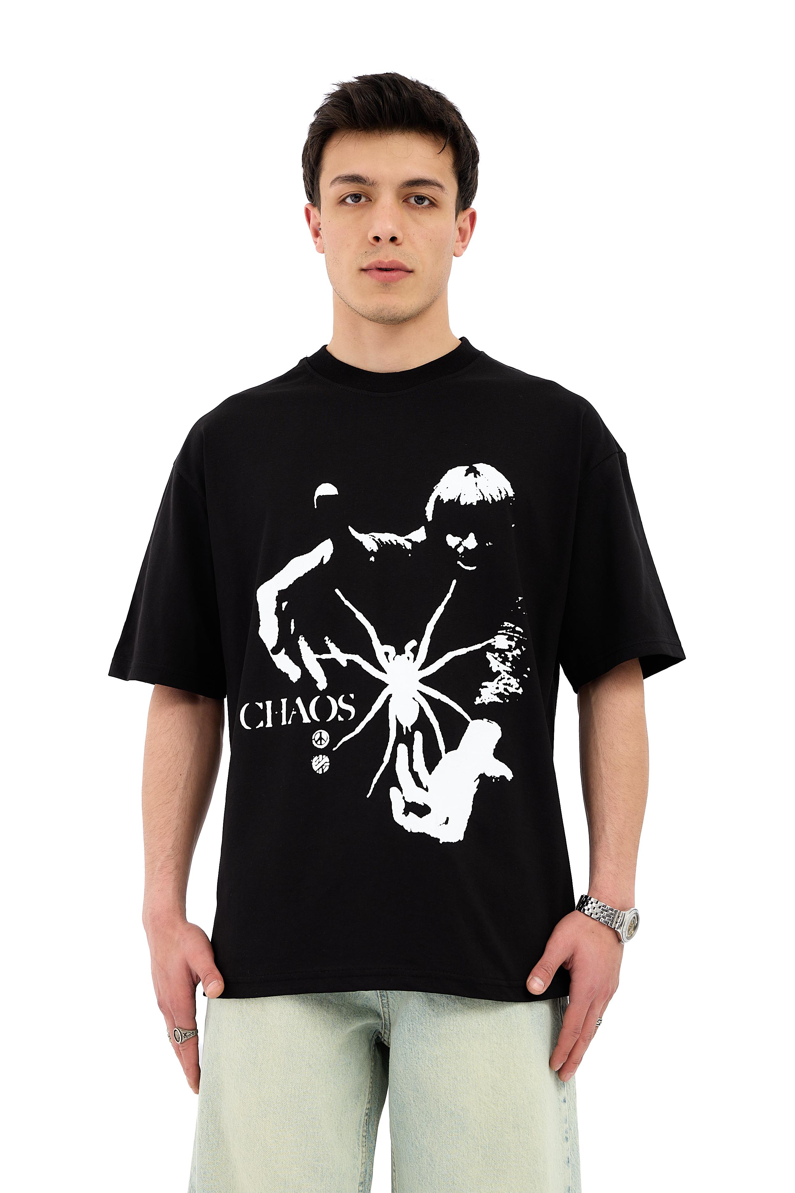 Chaos Baskı Detay Overisize Tişört  - SİYAH