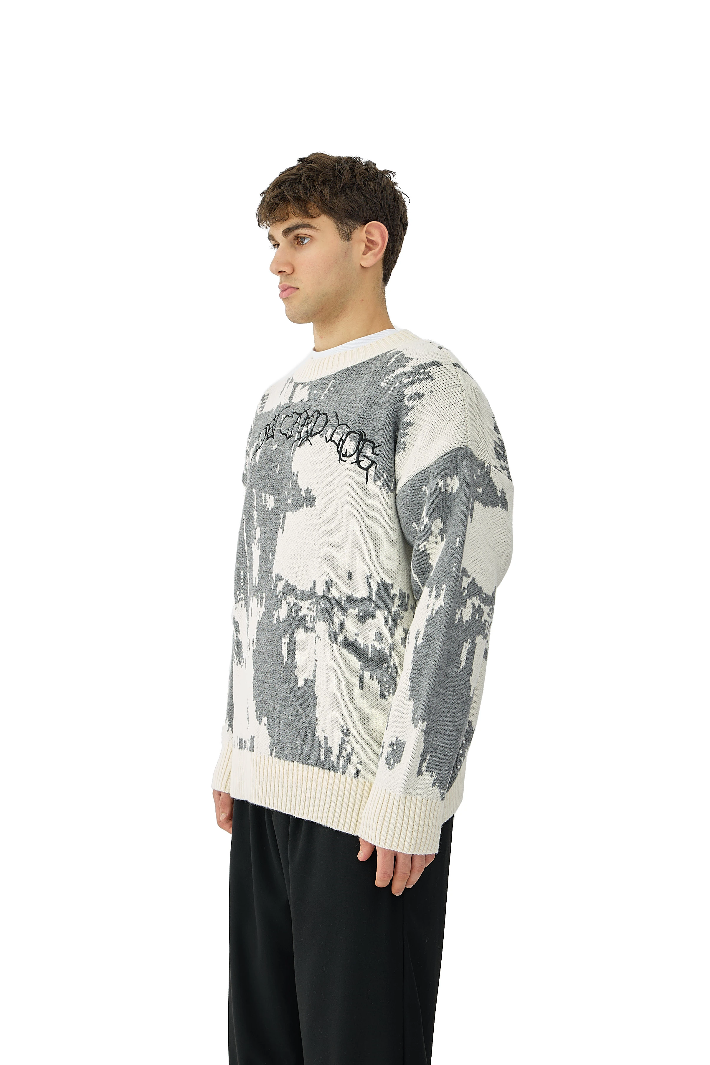 Glitch Nakış Detay Premium Oversize Triko Kazak - EKRU