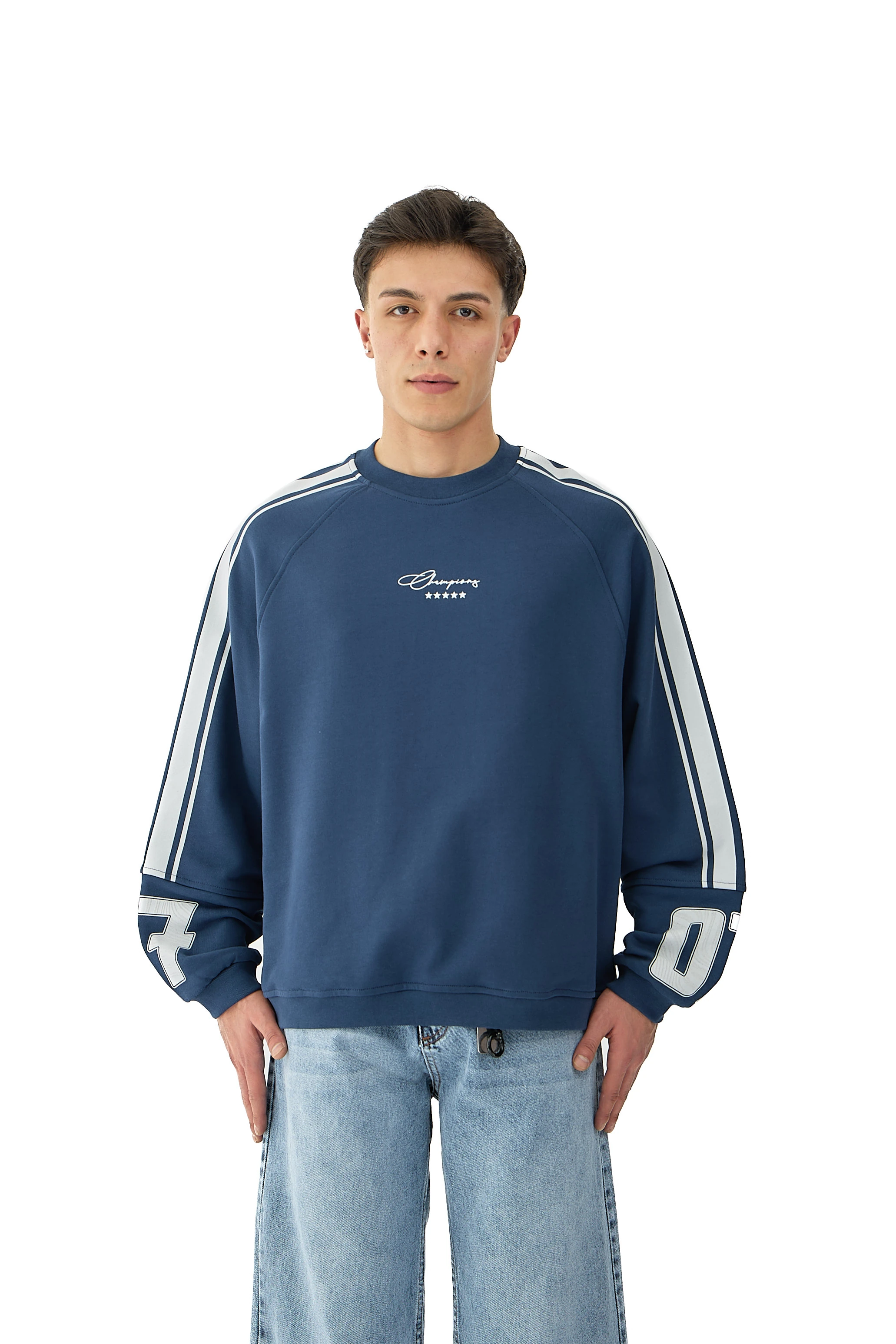 07 Champions Baskılı Oversize Pemium Sweatshirt - LACİVERT