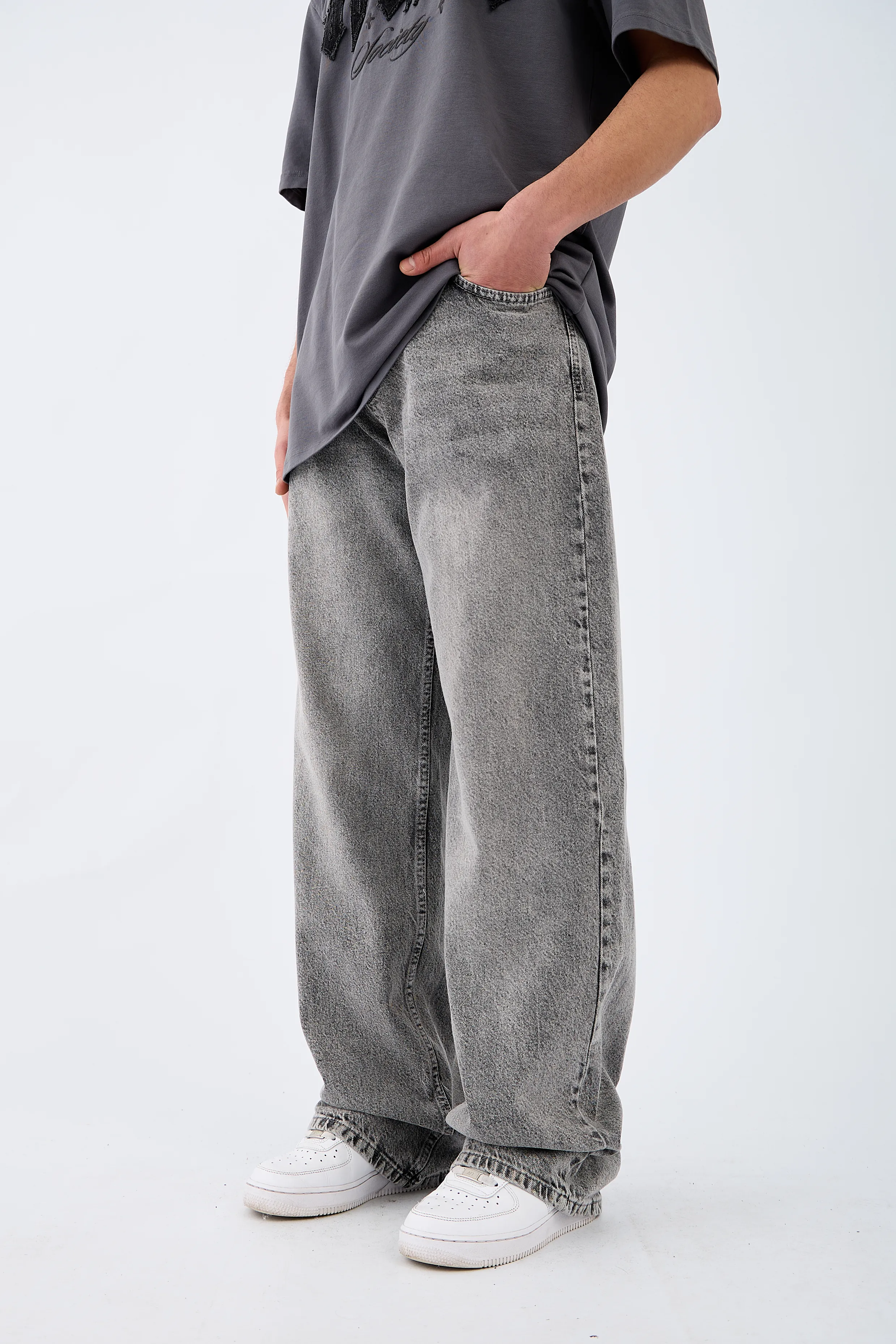 Çizgili Gri Baggy Jean