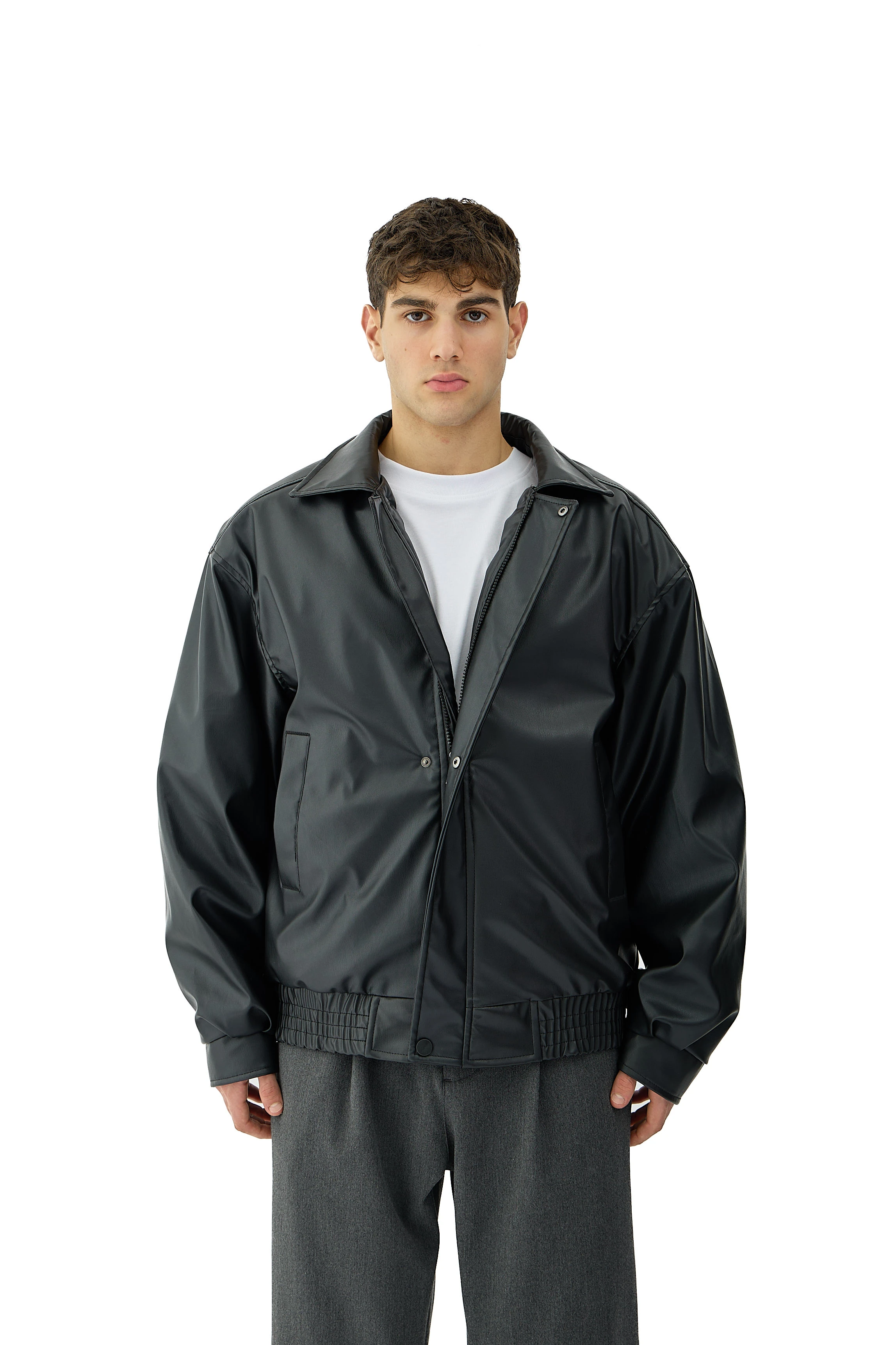 90's Oversize Bomber Deri Ceket - SİYAH