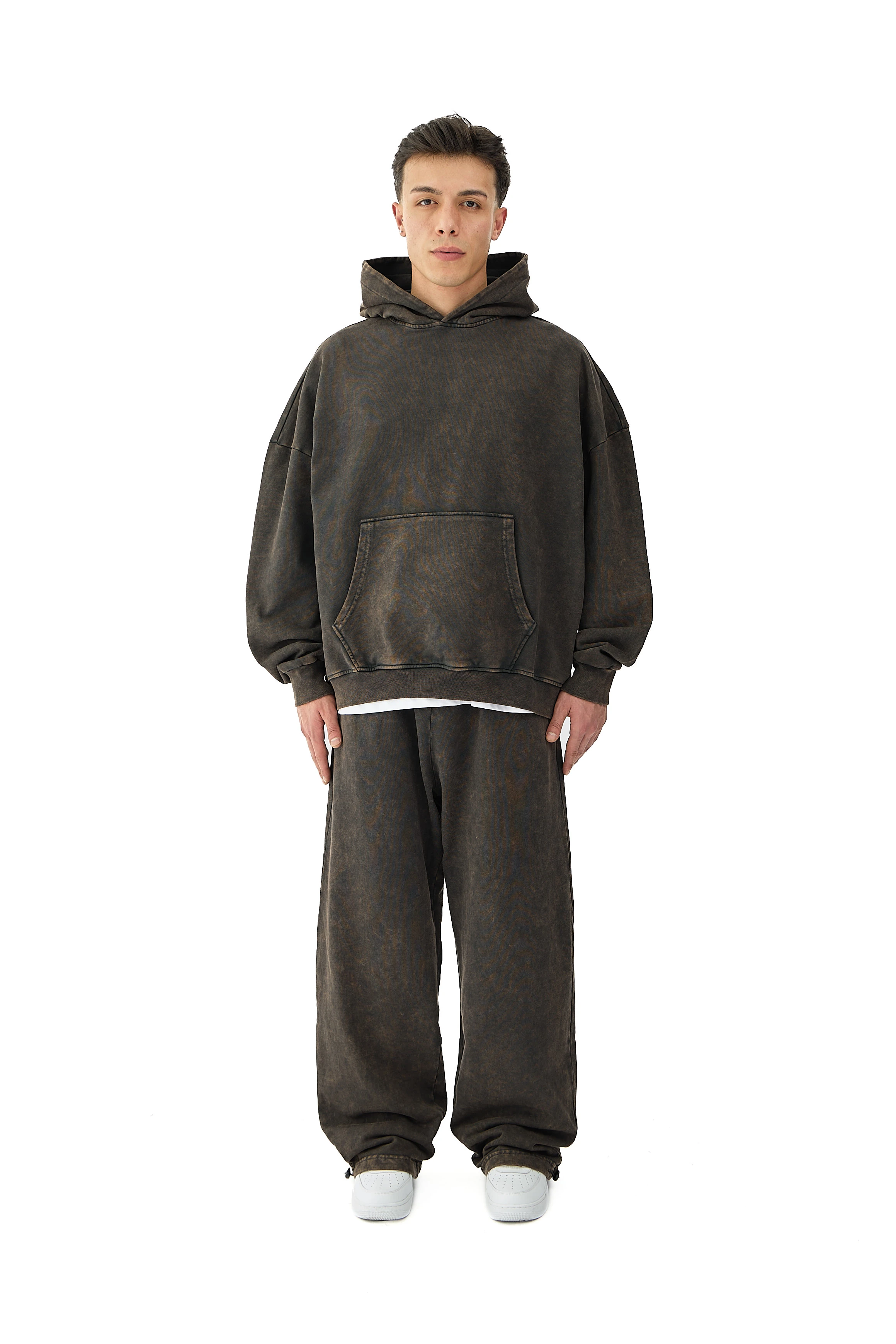  Oil Washed Yıkamalı Oversize Hoodie - KAHVERENGİ
