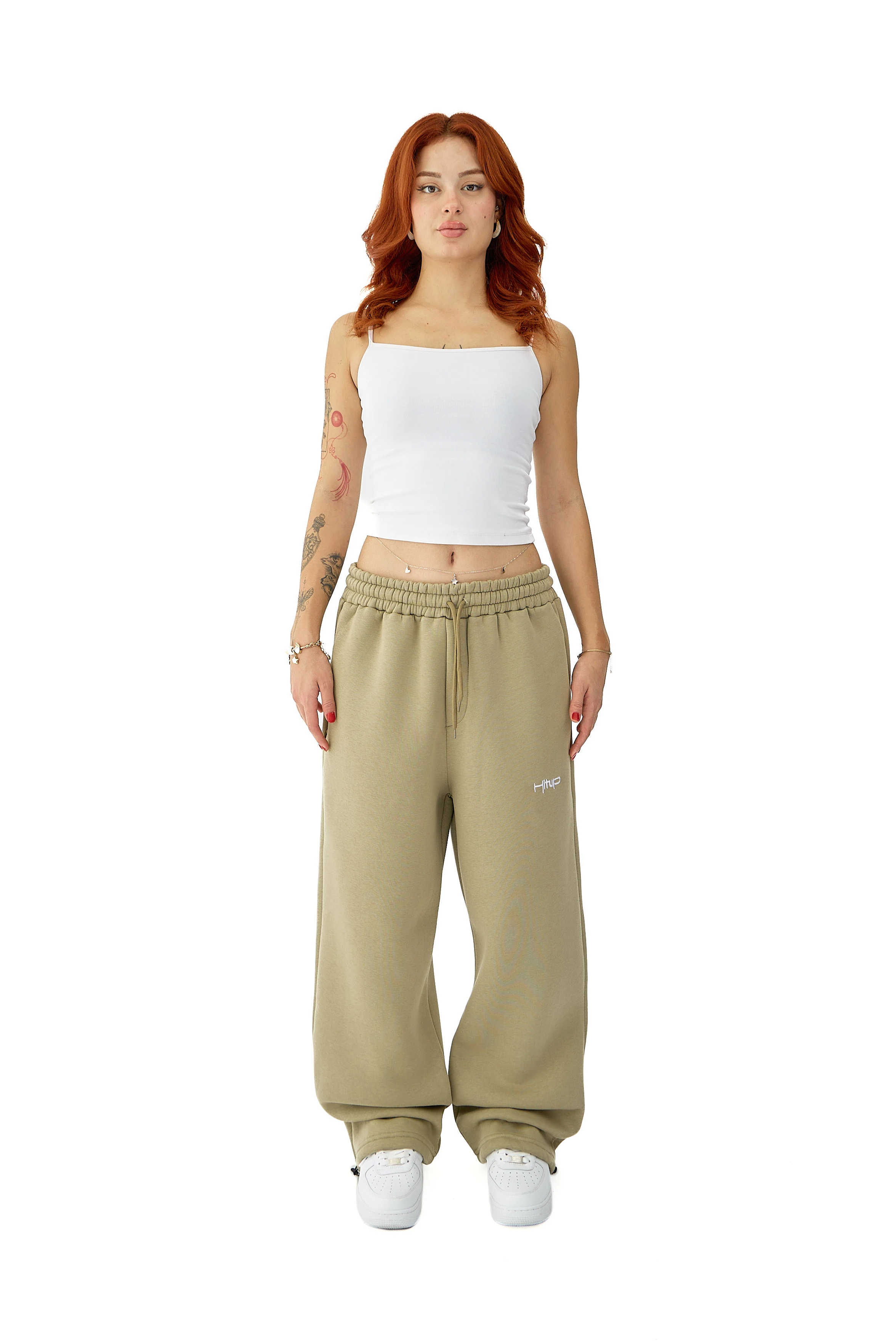 Kışlık Hitup Nakışlı Premium Ayarlanabilir Paça Oversize Eşofman Altı - KÜF YEŞİLİ