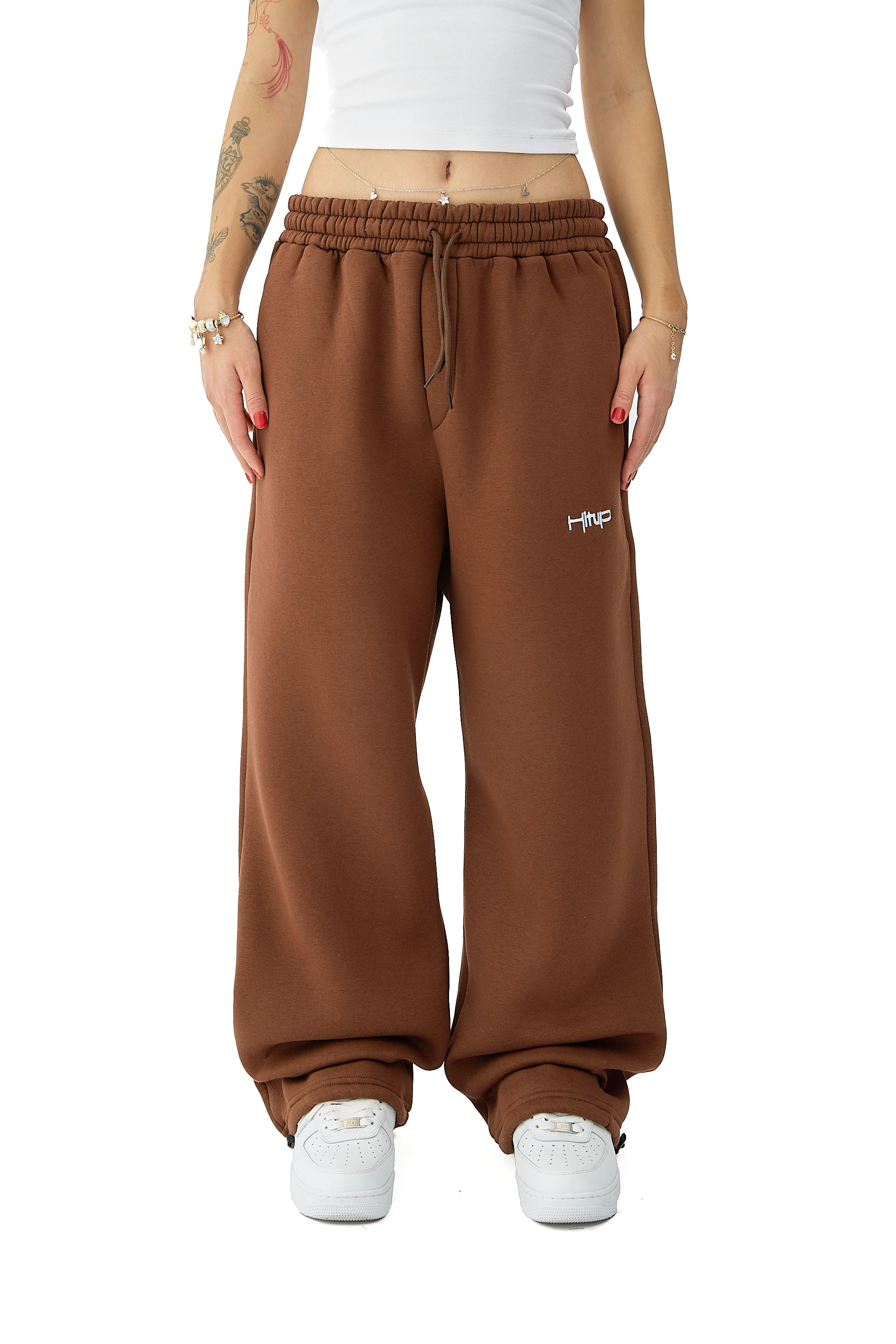 Kışlık Hitup Nakışlı Premium Ayarlanabilir Paça Oversize Eşofman Altı - KAHVERENGİ