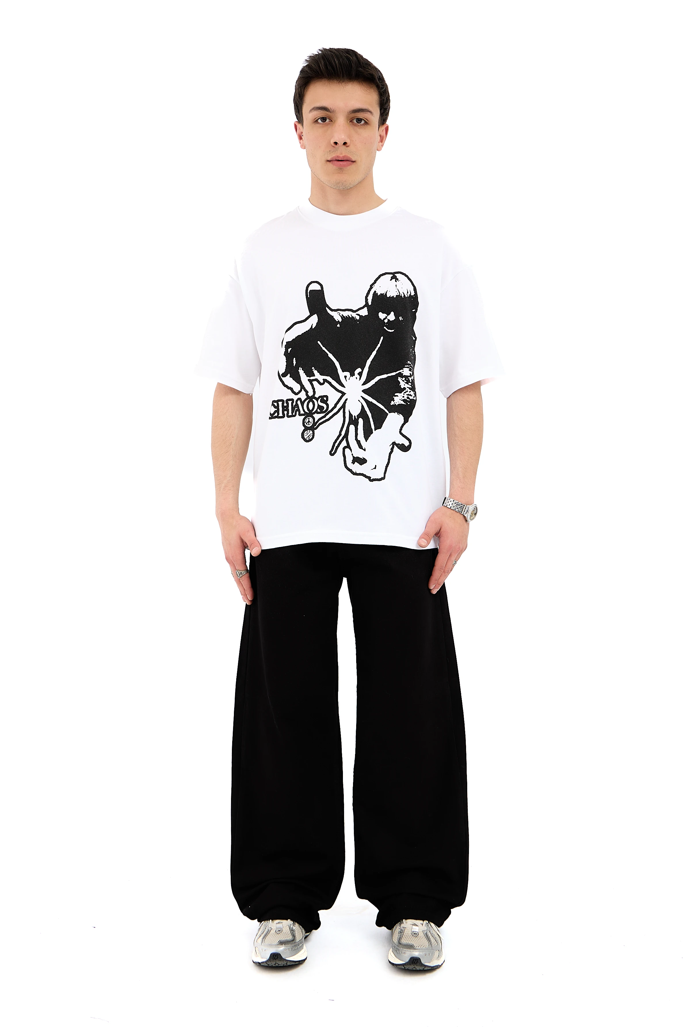 Chaos Baskı Detay Overisize Tişört - BEYAZ