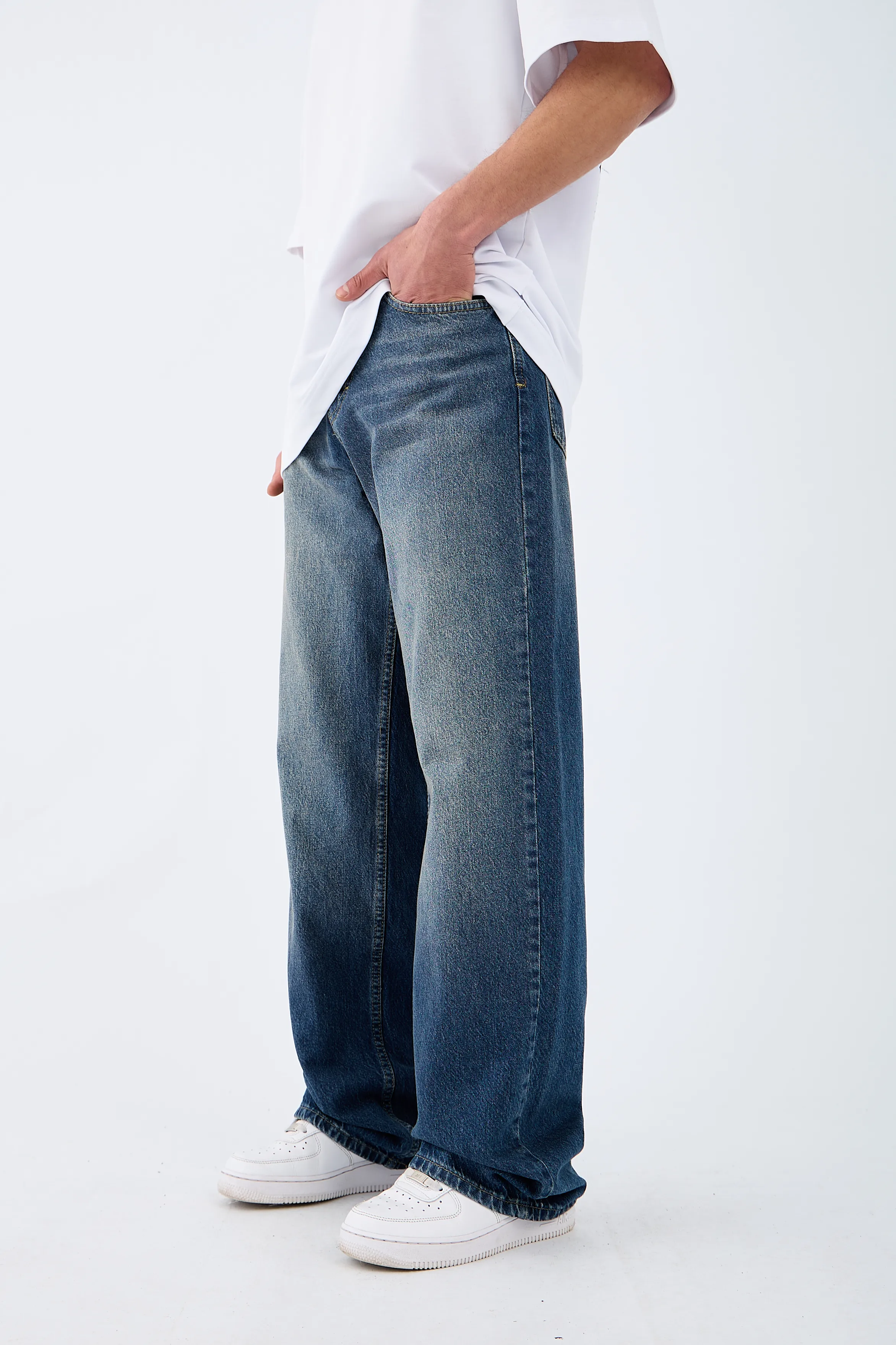 Çizgili Basic Mavi Baggy Jean