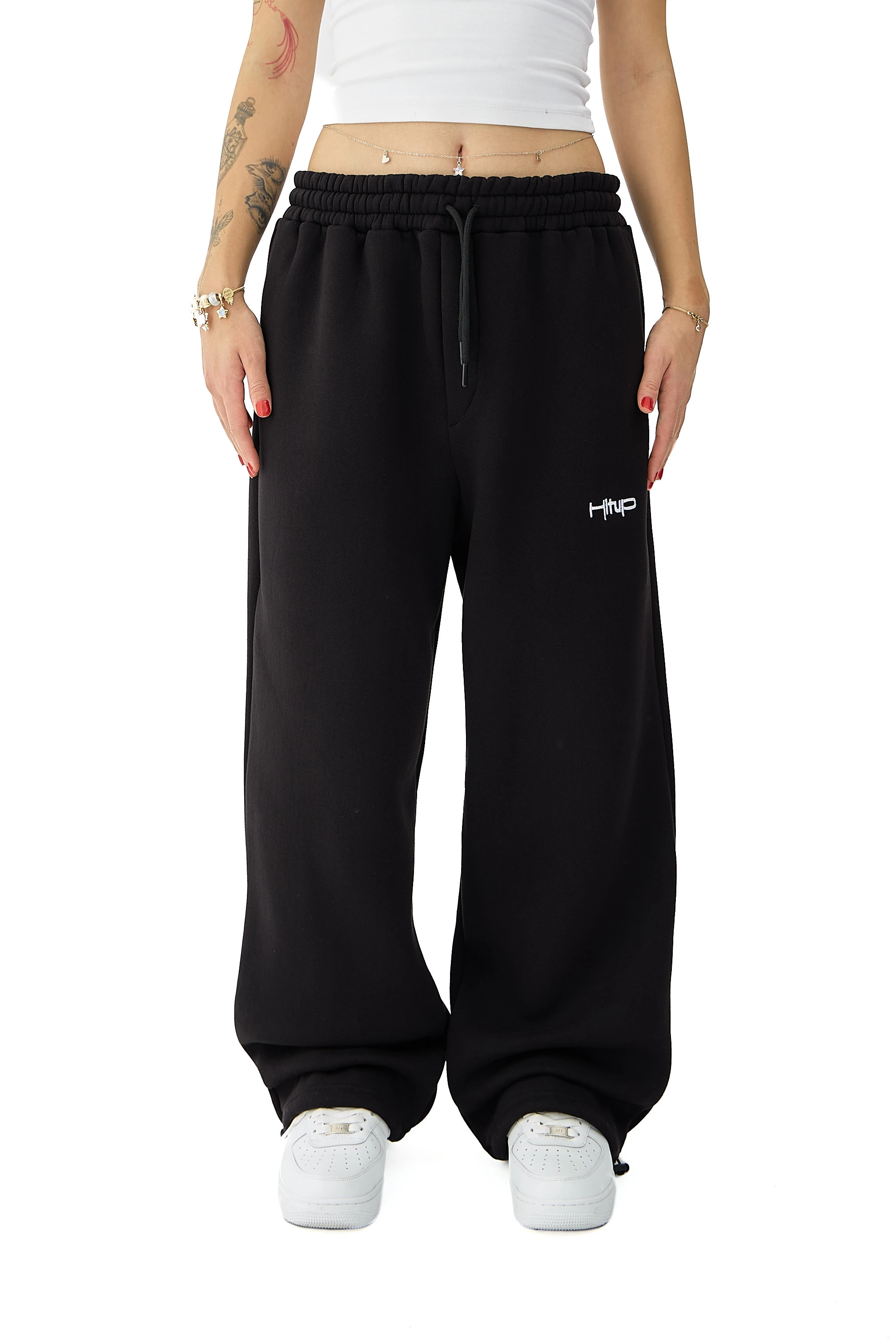 Kışlık Hitup Nakışlı Premium Ayarlanabilir Paça Oversize Eşofman Altı - SİYAH