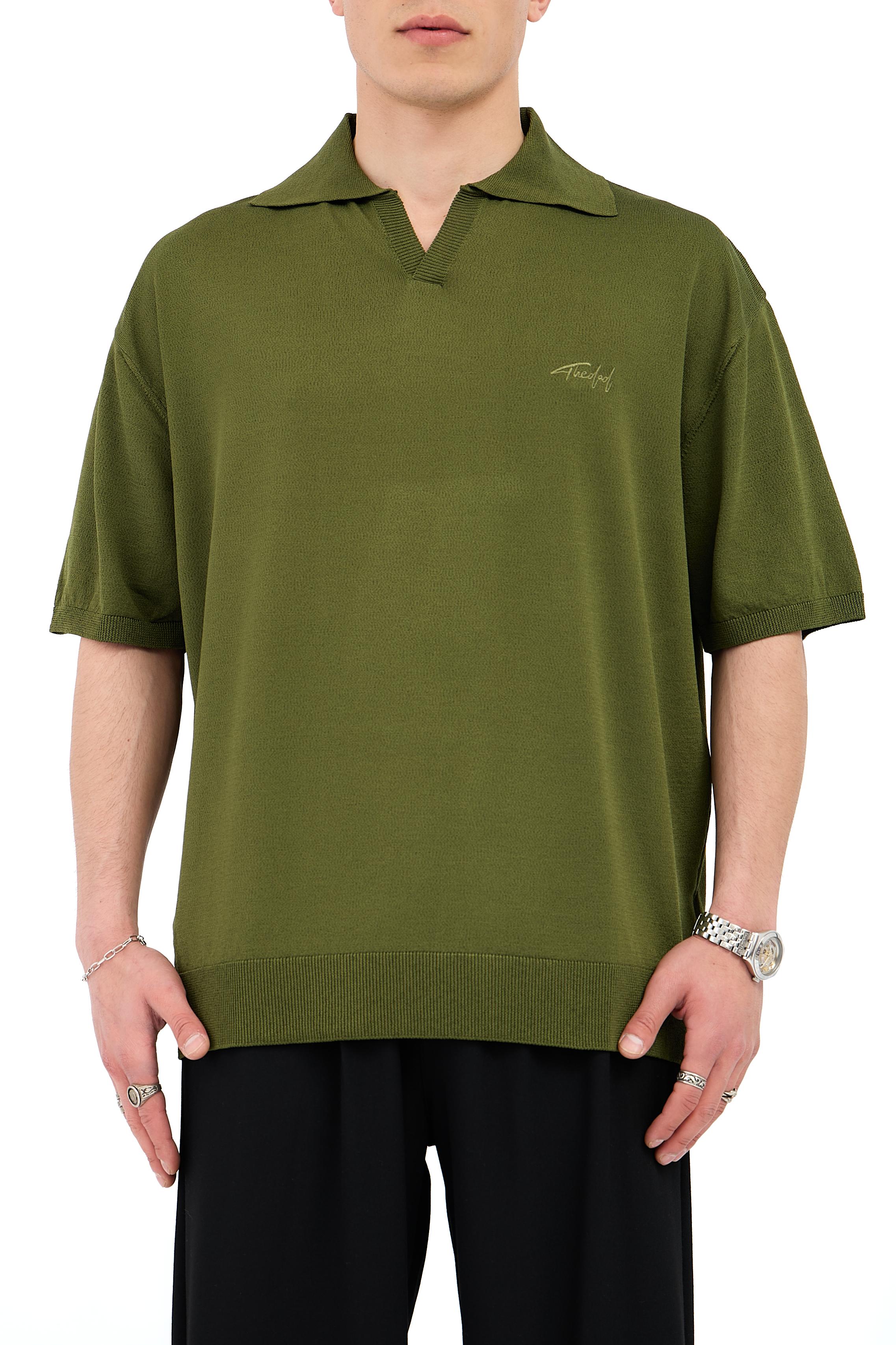 Crep Kumaş Polo Yaka Oversize Triko Tişört - YAĞ YEŞİLİ