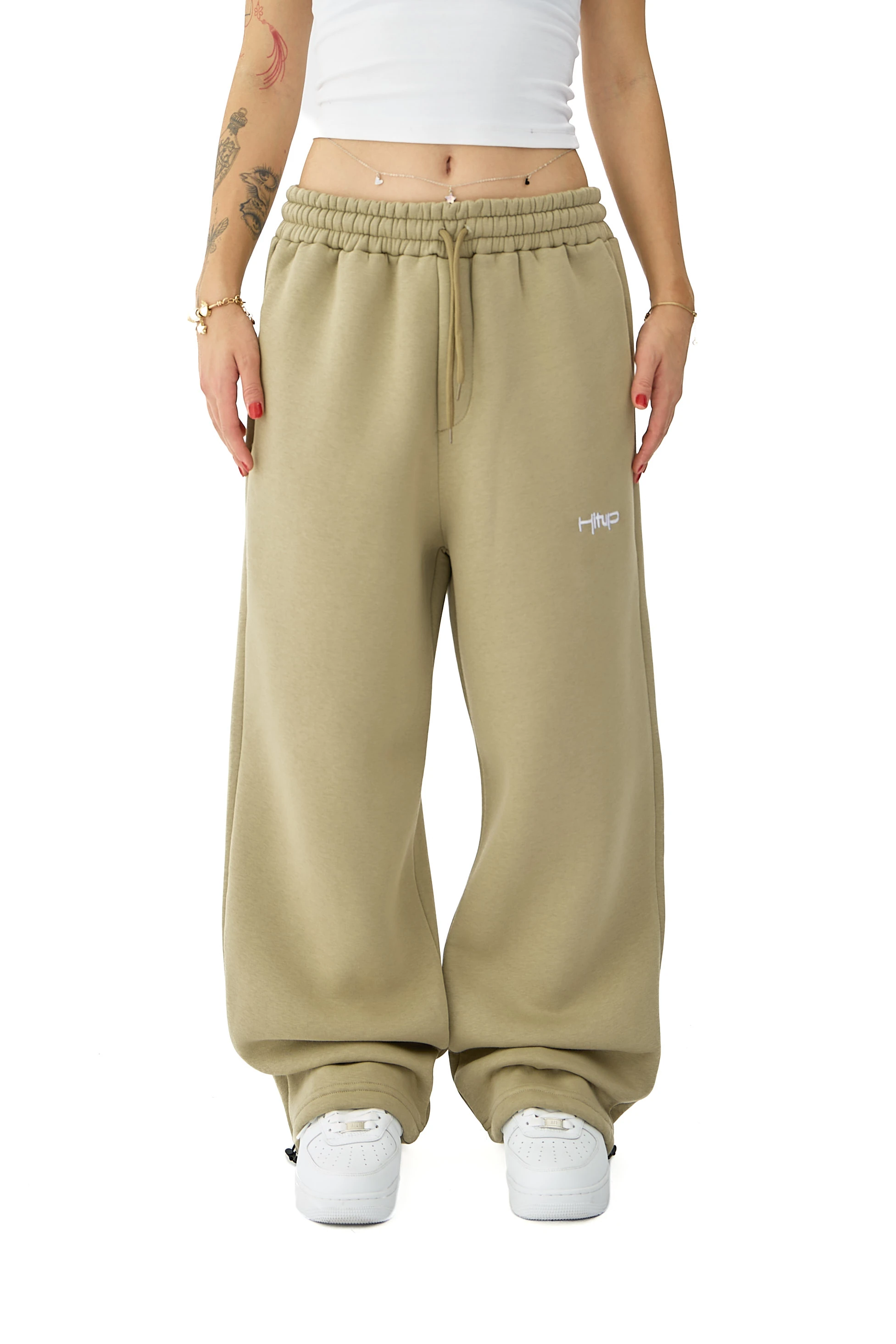 Kışlık Hitup Nakışlı Premium Ayarlanabilir Paça Oversize Eşofman Altı - KÜF YEŞİLİ