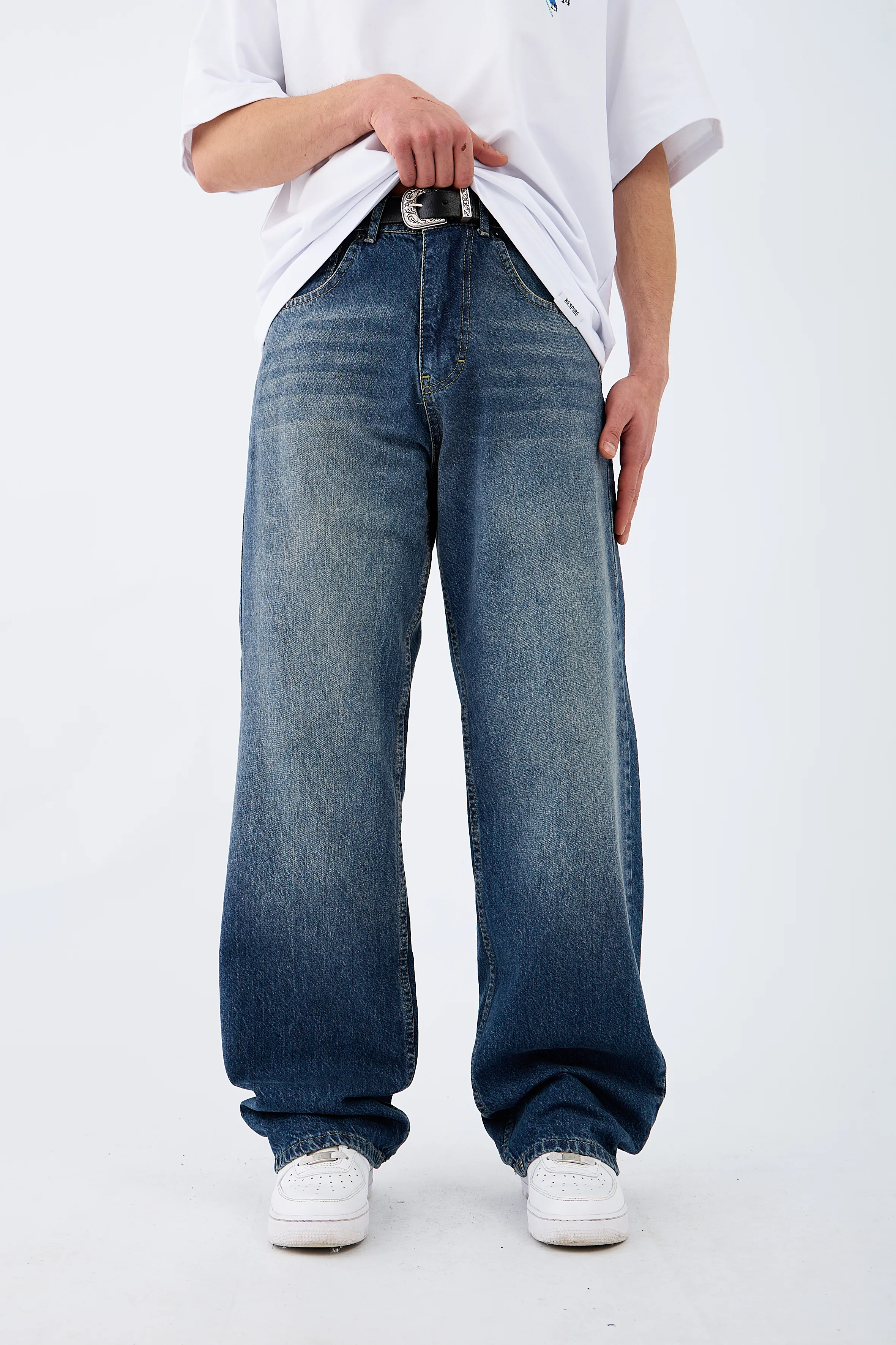 Çizgili Basic Mavi Baggy Jean