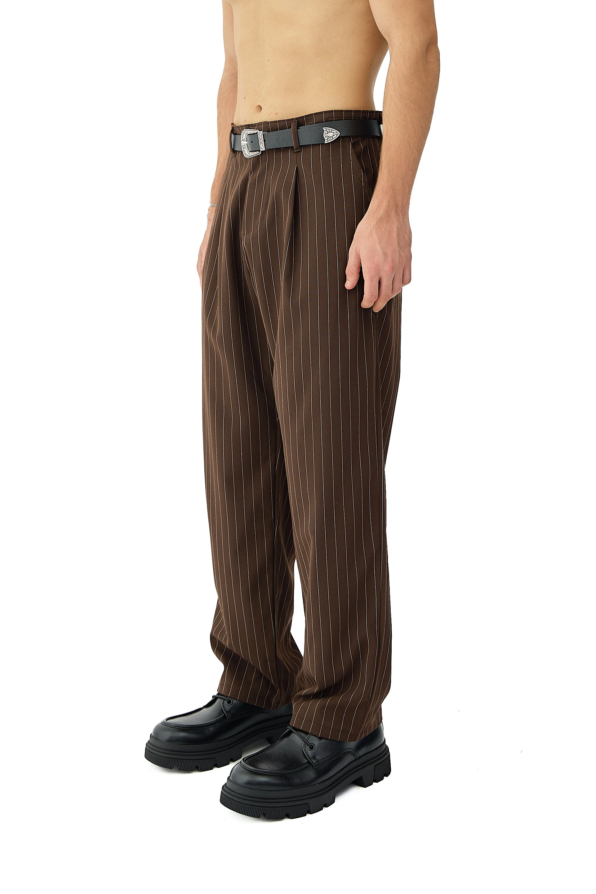 Kalın Tuşeli Çizgili Detay Baggy Fit Kumaş Pantolon - KAHVERENGİ