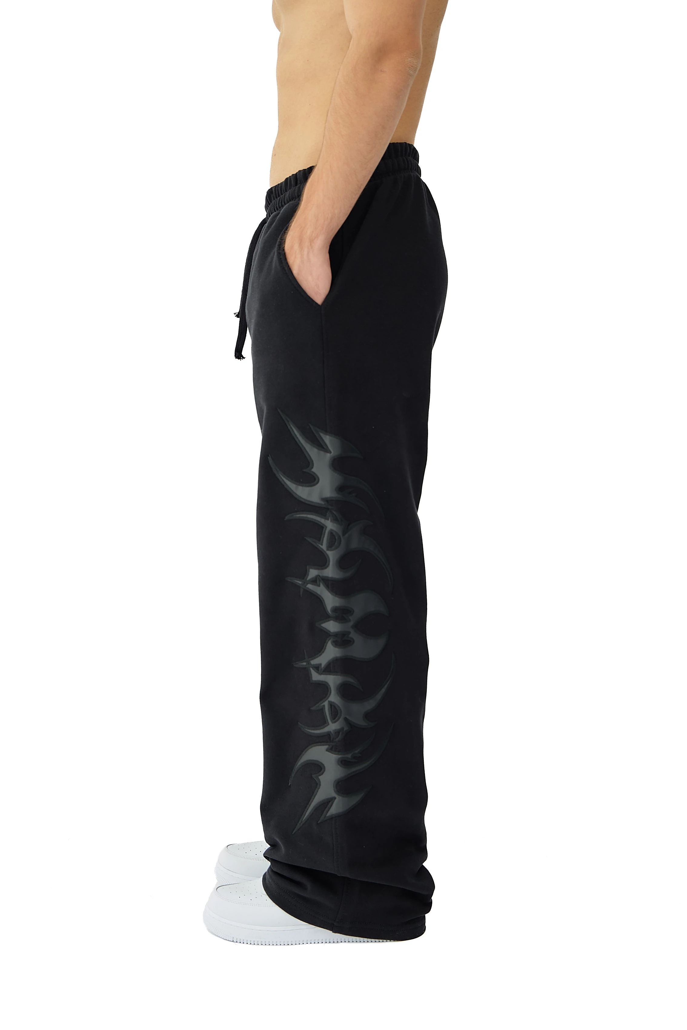 Tribal Deri & Nakış Detaylı Double Belt Premium Sweatpant - SİYAH