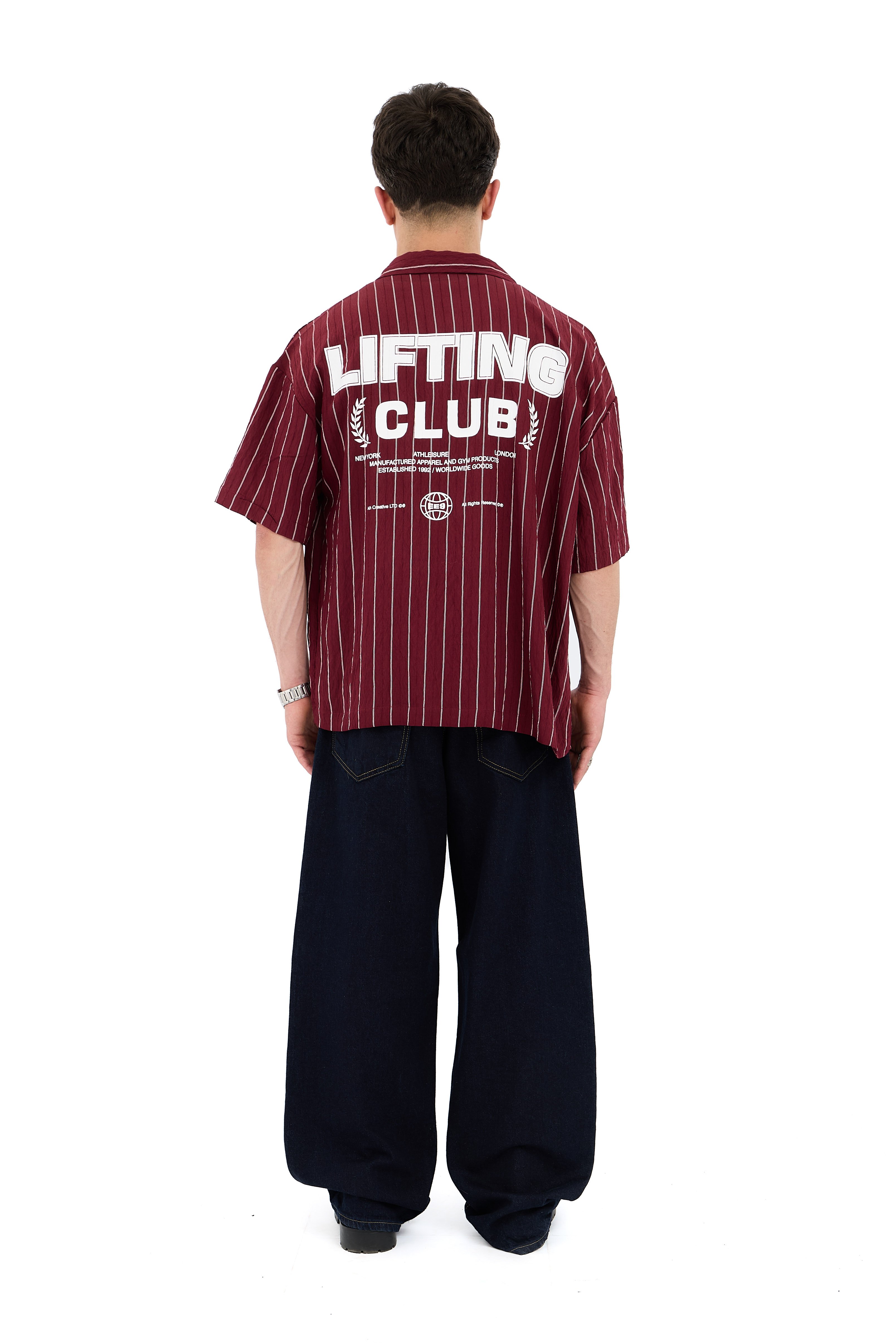 Lifting Club Baskı Detay Çizgili Kısa Kol Gömlek  - BORDO