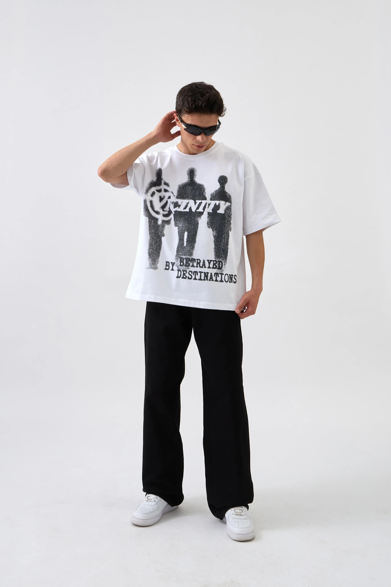 Shadow Print Oversize Baskılı Tişört - BEYAZ