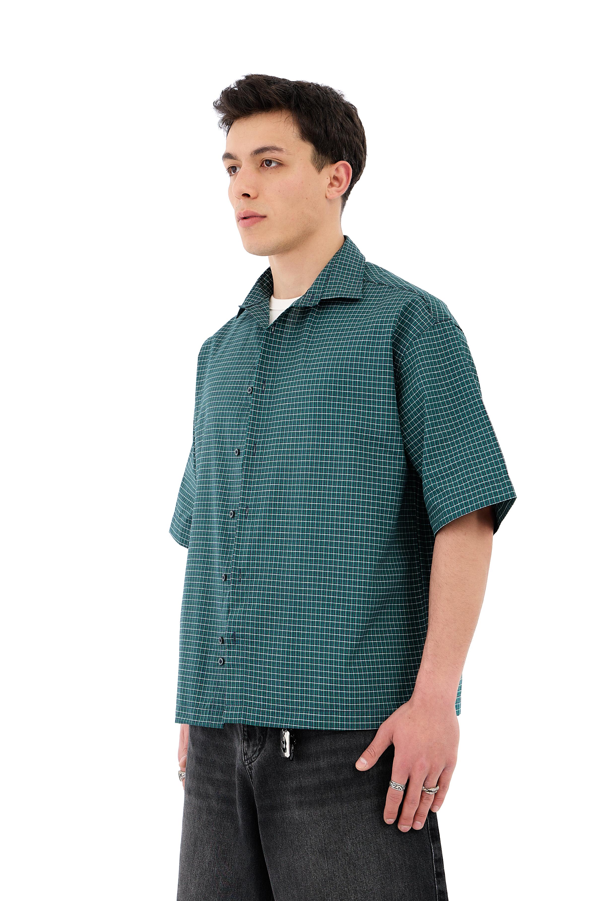 Ekoseli Kısa Kol Oversize Gömlek - YEŞİL