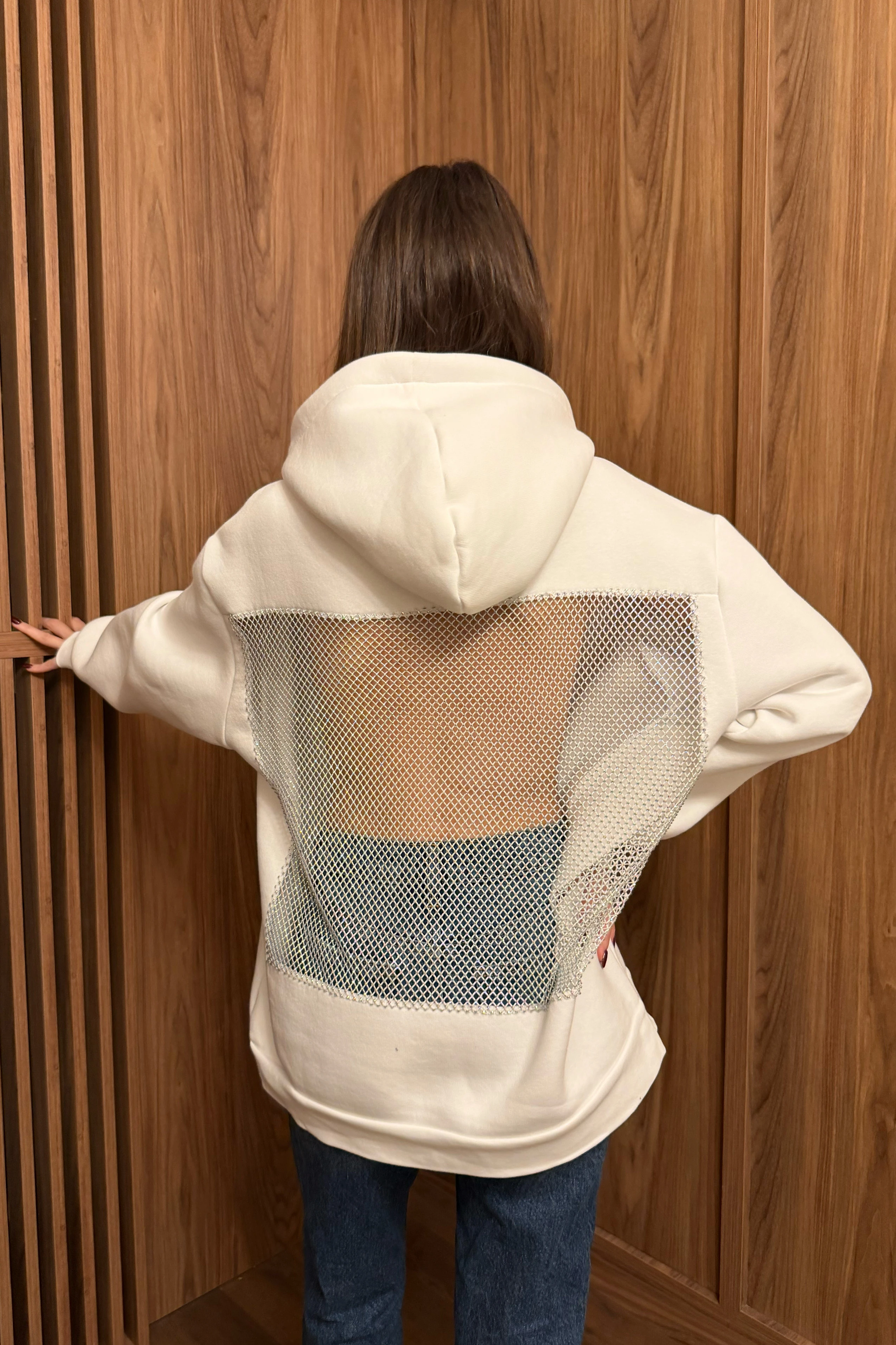 Radiantlady Sırt Tül Üzerine Hologram Taş Detay Hoodie - BEYAZ