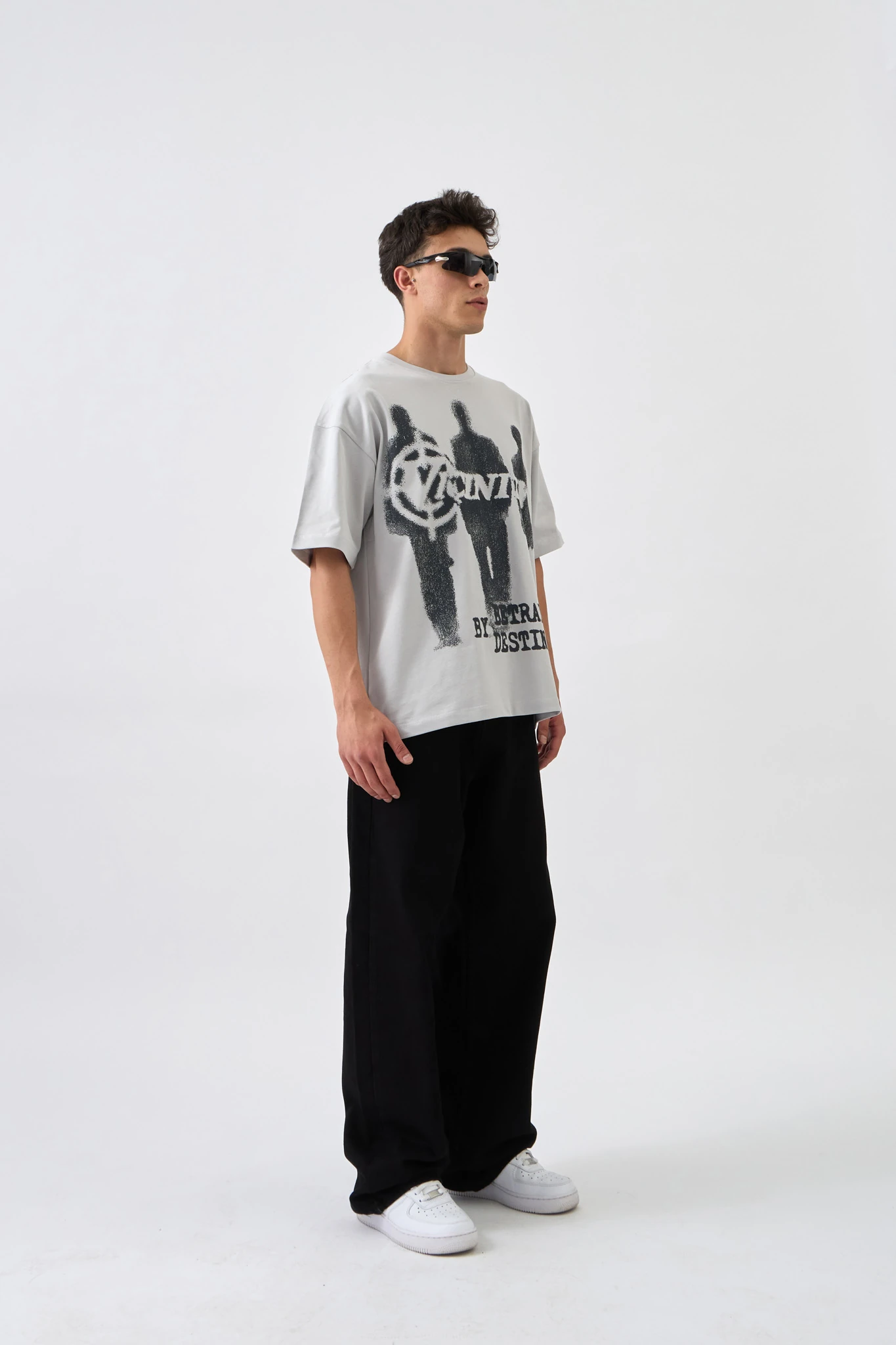 Shadow Print Oversize Baskılı Tişört - KOZMİK GRİ