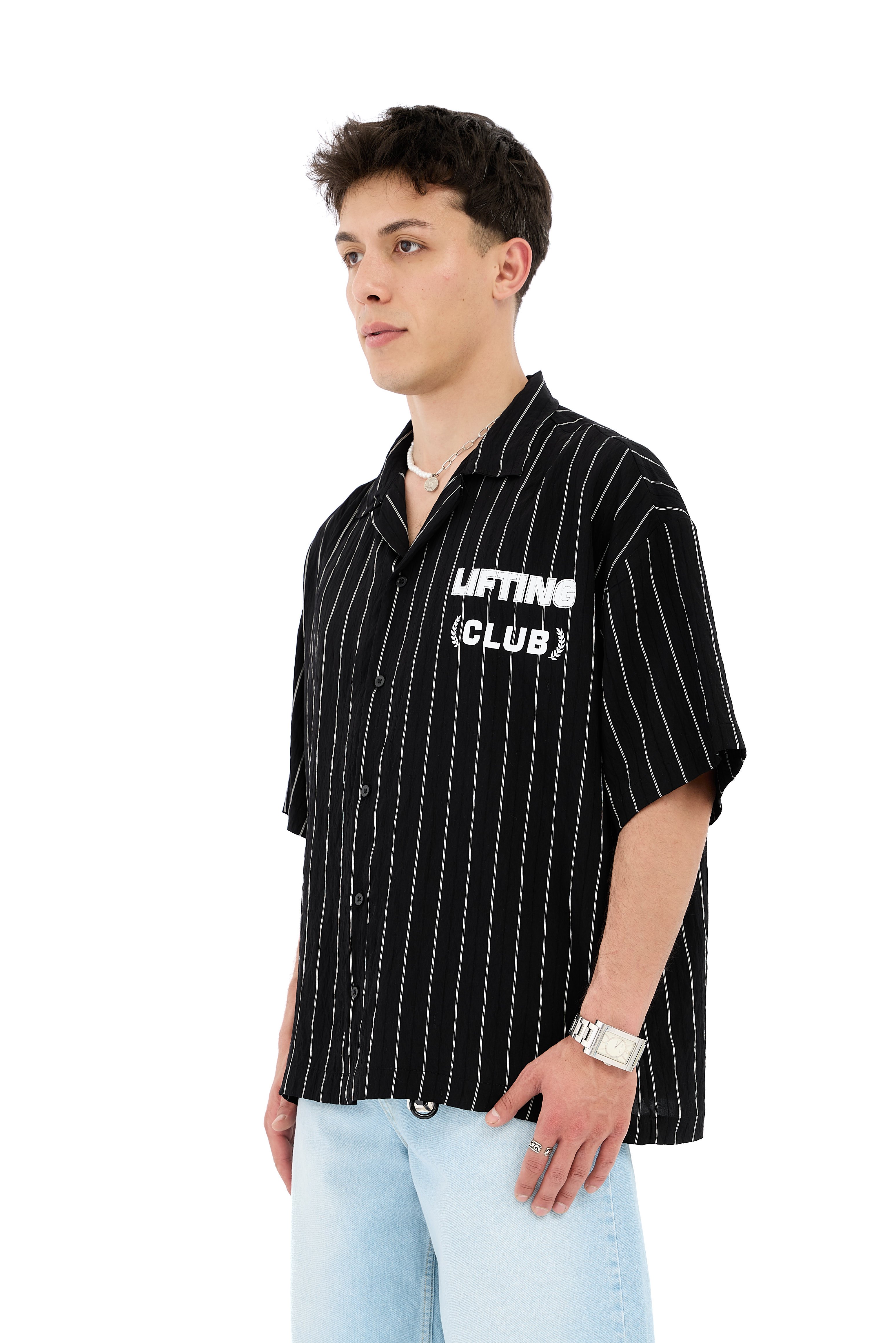 Lifting Club Baskı Detay Çizgili Kısa Kol Gömlek  - SİYAH